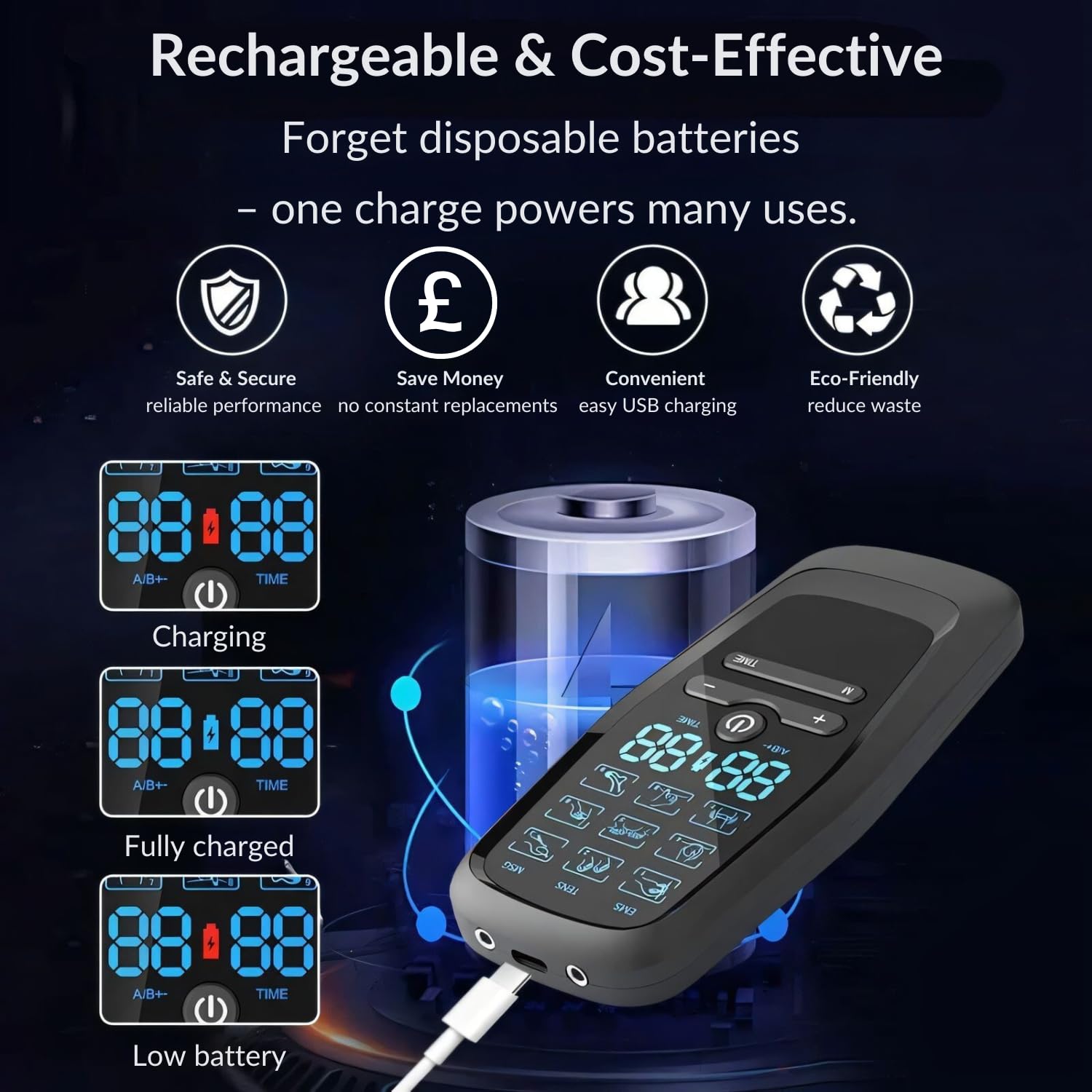 Macchina TENS con batteria da 40 ore, stimolatore muscolare EMS 3 in 1 con cuscinetti di presa sicura per schiena, collo e sciatica, 9 modalità
