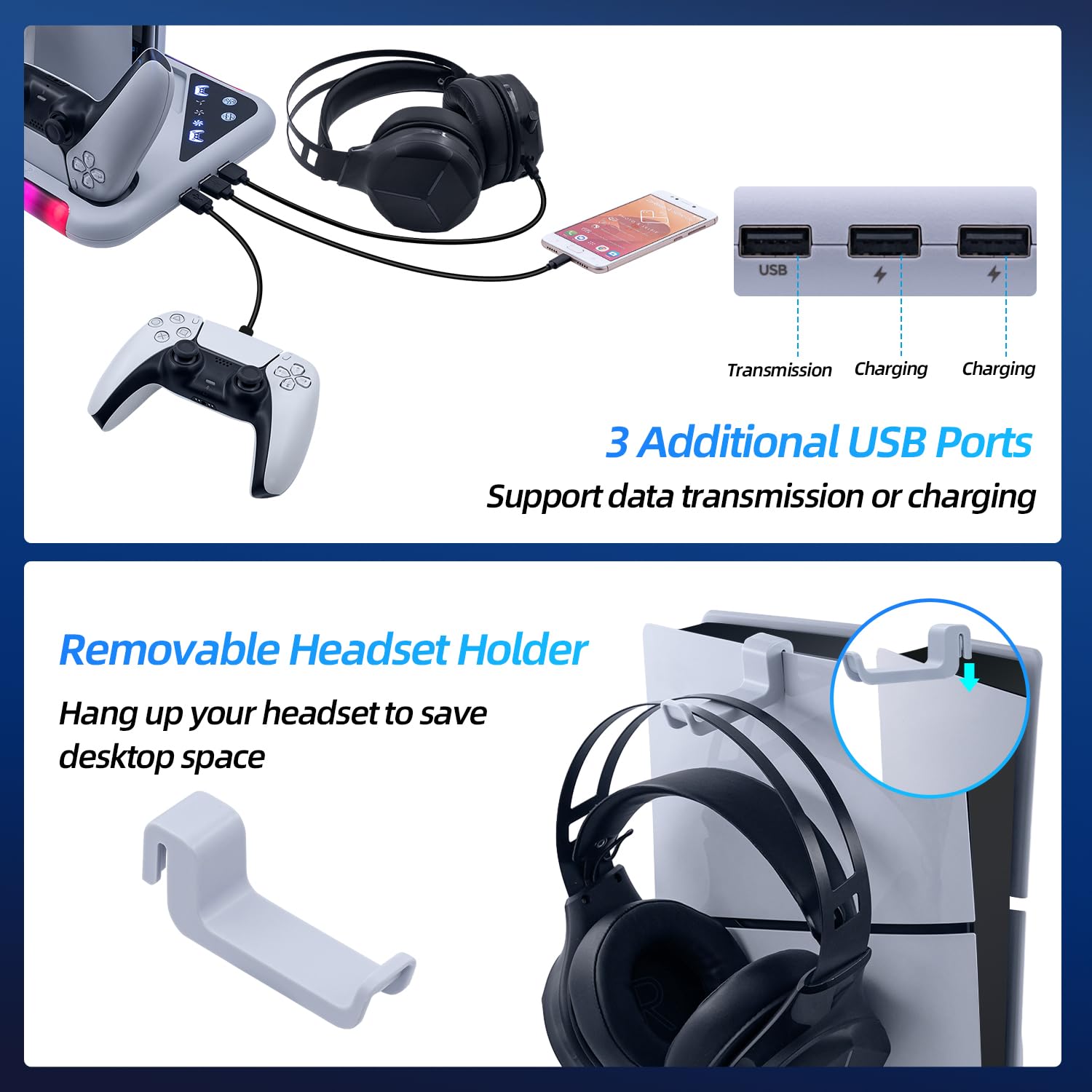 Supporto con ventola per console PS5 Slim/PS5, stazione di ricarica per DualSense/Edge Controller con 9 luci RGB, supporto per cuffie e 3 hub USB per PS5 UHD e Digital-Bianco