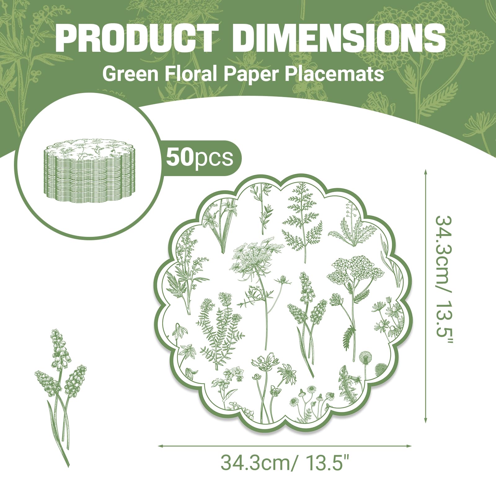 SMUAENSS 50 PCS Wedding Placemats, Green Placemat with Floral Pattern, Paper Doilies 13.5 Inch Round, Paper Placemats for Baby Showers, Wedding Parties, Bridal Tea Parties, Banquet Table Settings
