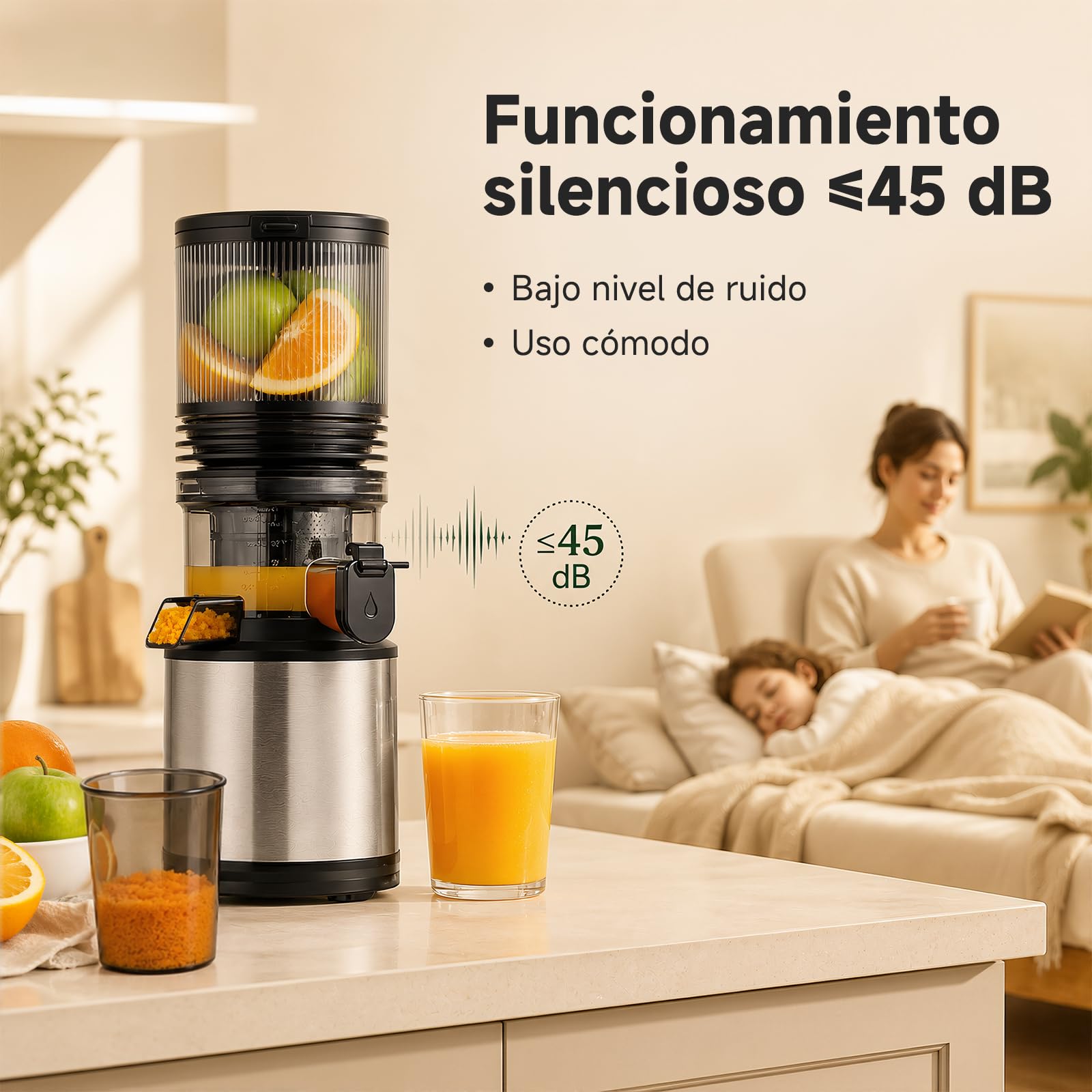 AMZCHEF Extractor de Zumos 158 mm Boca XXL, Licuadora de Prensado en Frío para Frutas y Verduras, Slow Juicer 2L con Vaso de Pulpa y Vaso de Zumo, Fácil Limpieza, Motor Silencioso, Acero Inoxidable