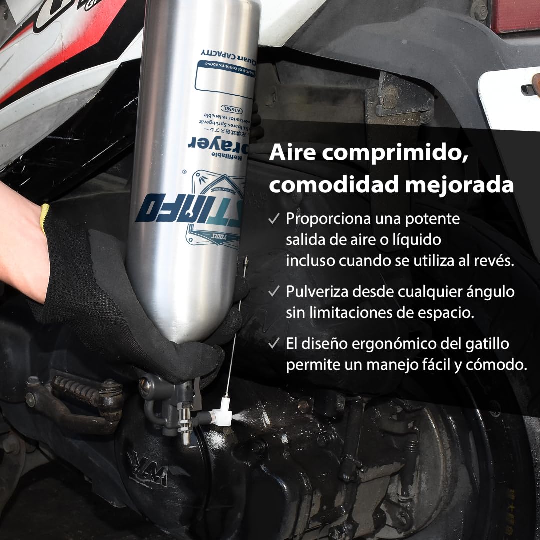 FIRSTINFO A1638L | Pulverizador recargable de aluminio 1 L | Envase vacío tipo aerosol | Presión máxima 140 PSI | Con boquilla de doble vía | Herramienta para mantenimiento y lubricación