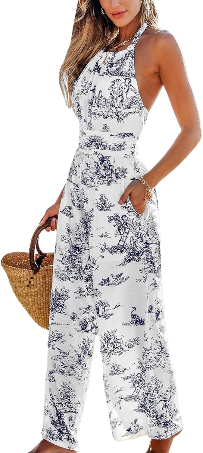 CUPSHE Womens Summer Jumpsuit Halter Casual Dressy Sleeveless One Piece Outfit Pockets Wide leg Pants Romper