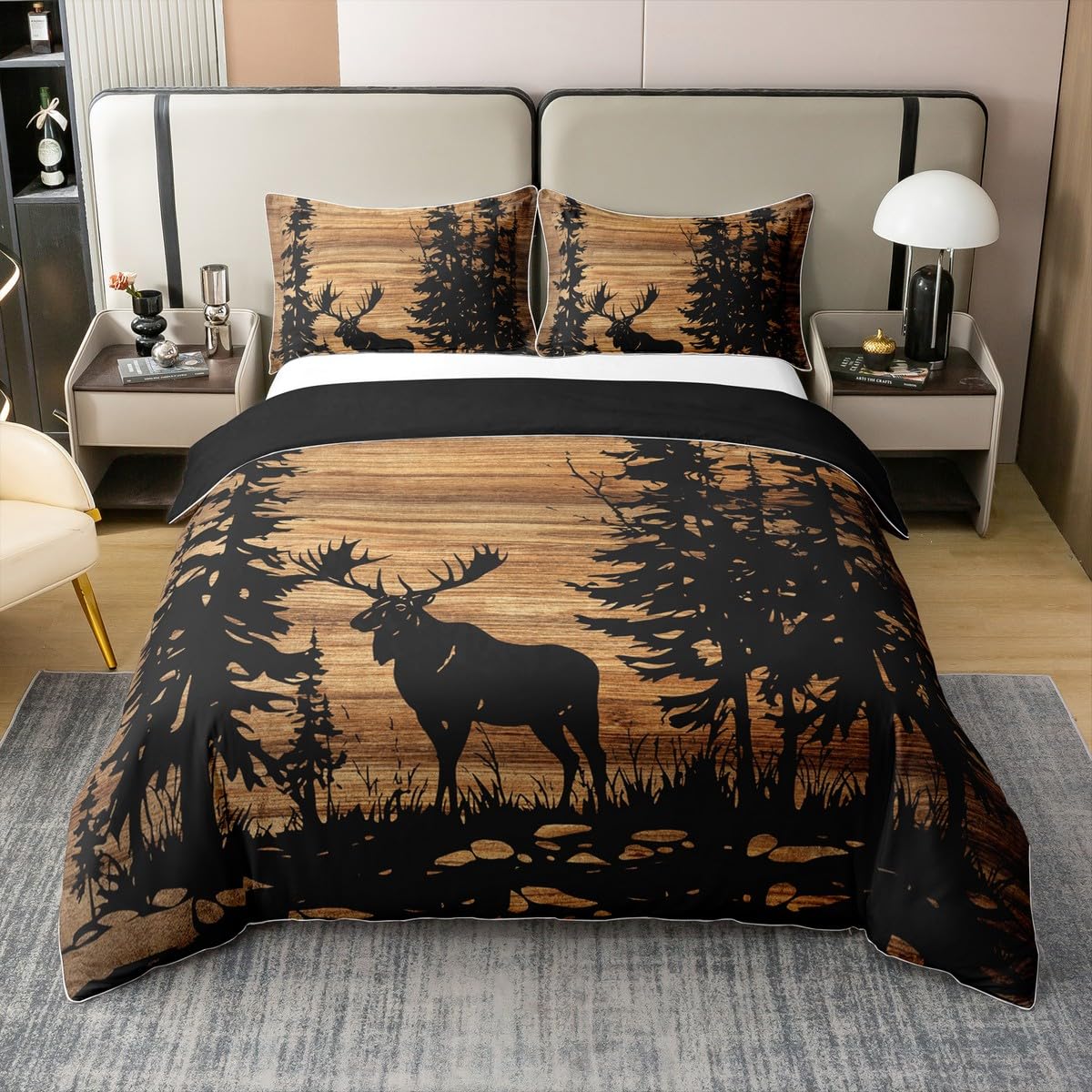 Loussiesd Elch 100% Baumwolle Bettwäsche Set 135x200cm Rustikale Kabine Land Betten für Kinder Mädchen Jungs Vintage Braun Holz Bettbezug Bettwäsche-Set Zimmer Dekorationen