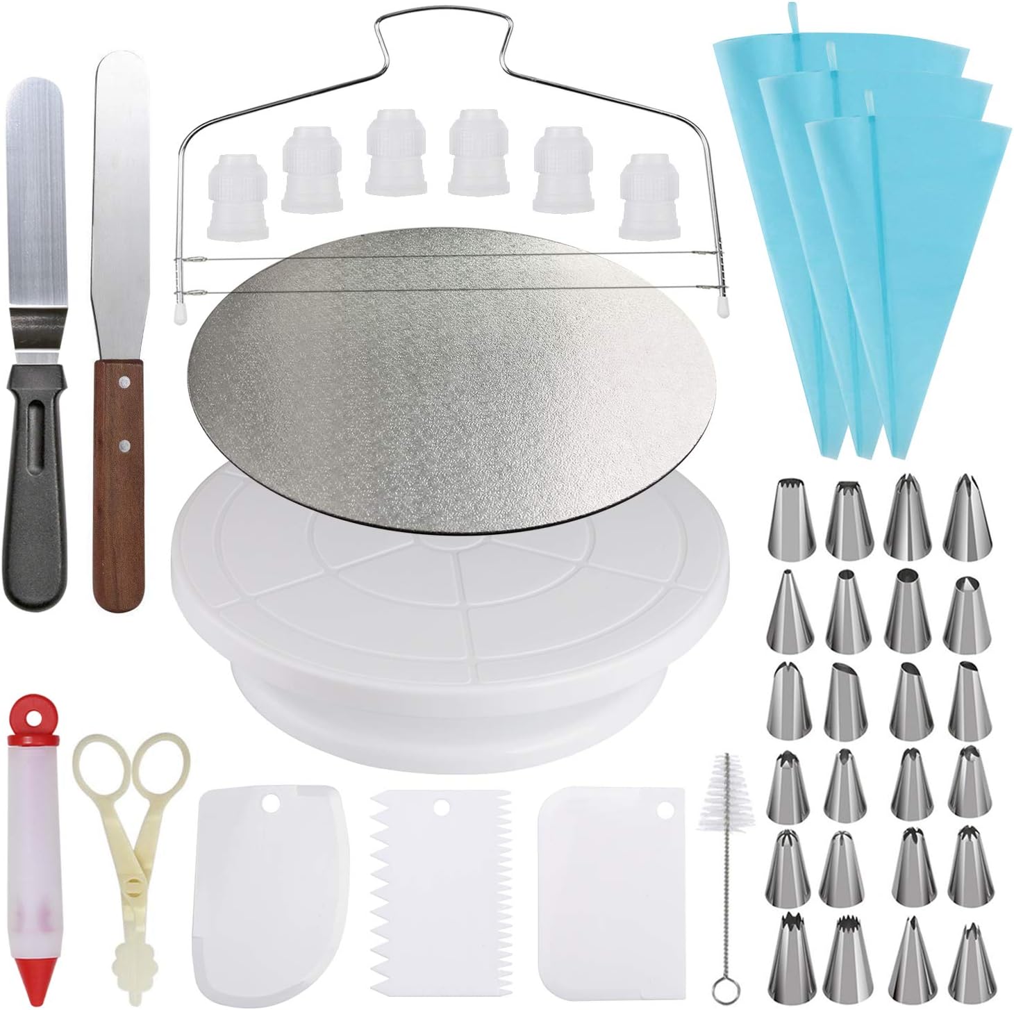 MiecuxCake Decorating kit - Cake Turntable and 10 inch Cake Board,2 Icing Spatula 3 Cake Scrapers,Cake Brush,Cake Flower Lifter,Cake Pen,3 Pastry Bags 24 Stainless Icing Tip 6 Piping Tip Couplers