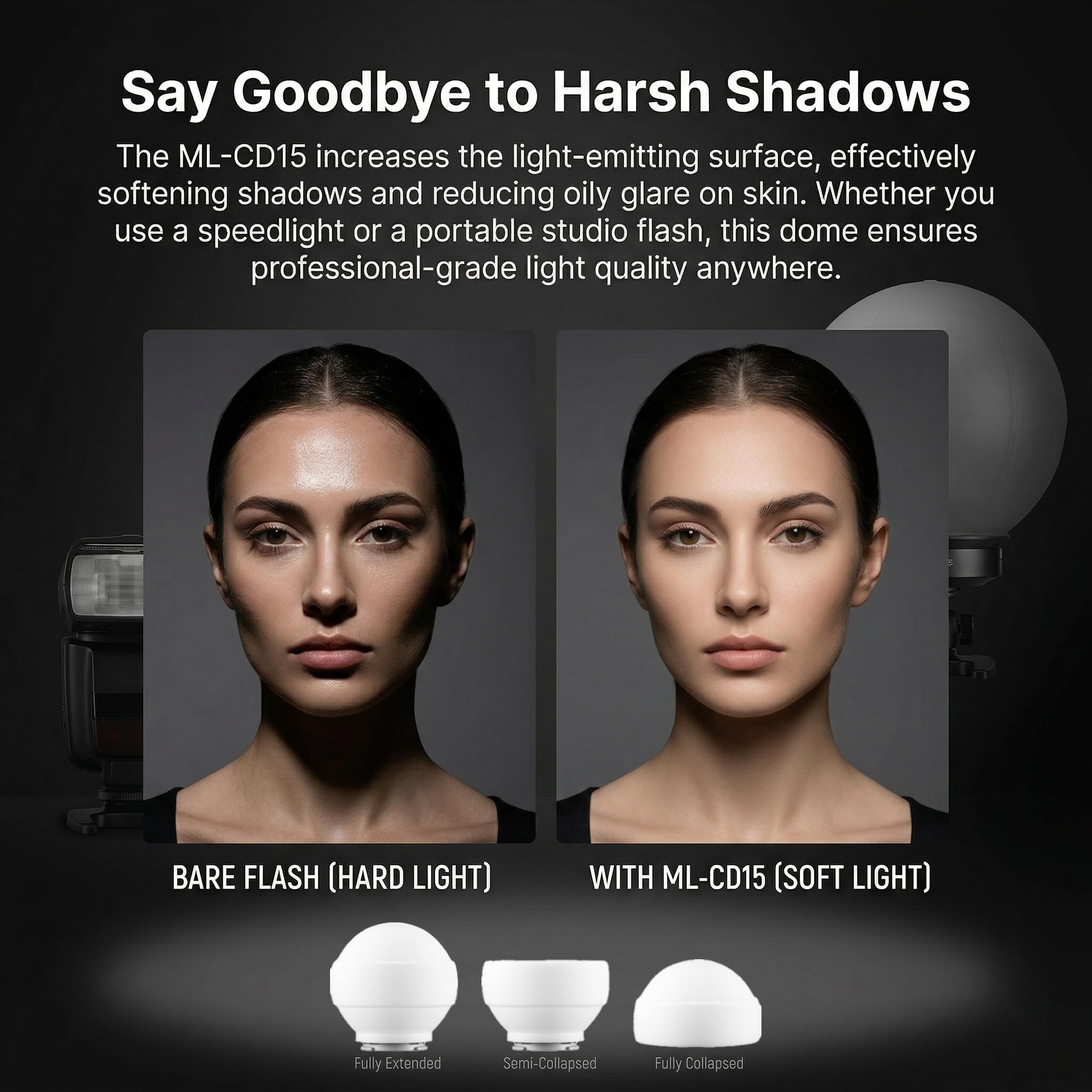 Godox ML-CD15 Soft Dome Diffuser Kit con 3 Adattatori, compatibile con Godox V100, V1 Pro, AD200Pro II, AD100Pro, AD300Pro, AD400Pro, V860III, ML30, ML30Bi, ML100Bi, ML100R, ML60Bi, ML60IIBi e altro