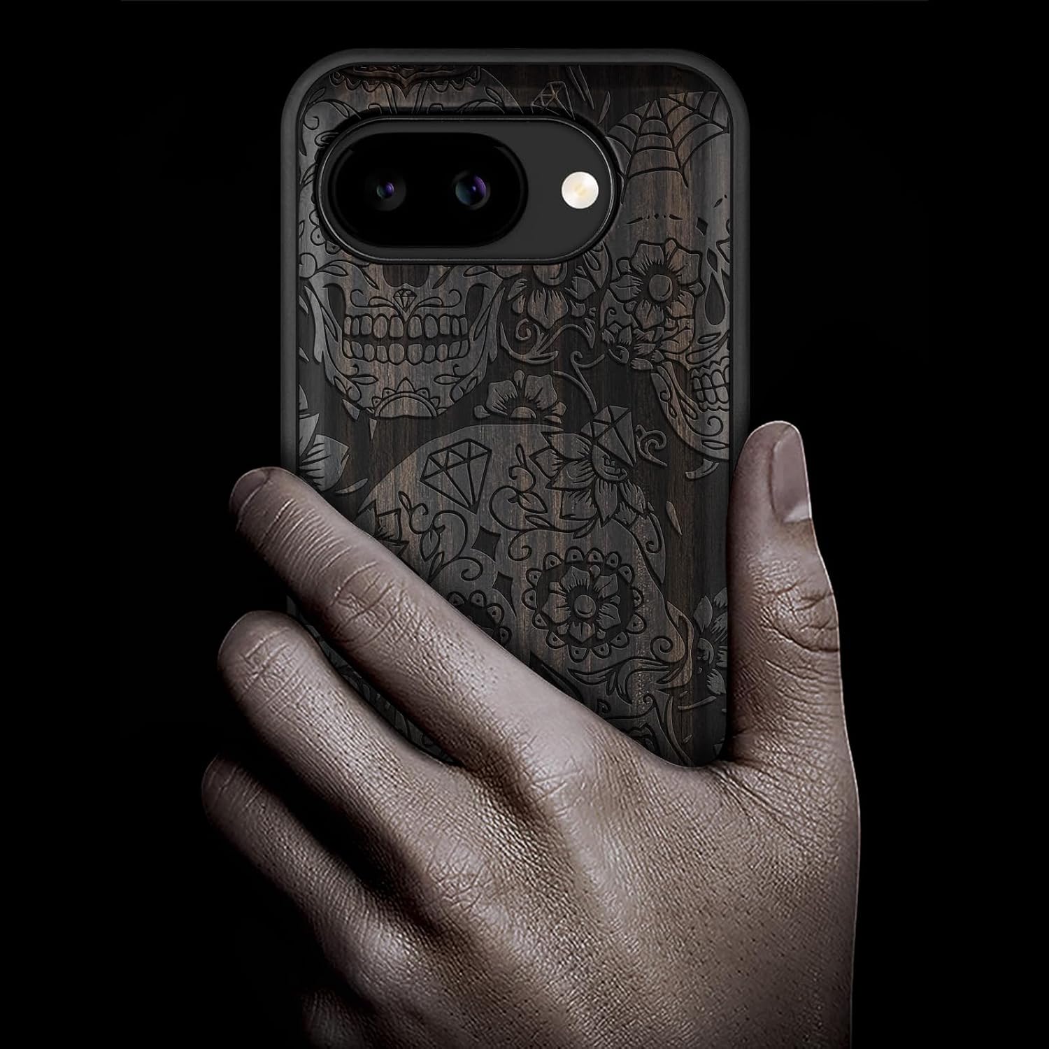 Carveit Magnetic Wooden Case for Google Pixel 10a Case, Wood Artisan Engraved & Soft TPU Shockproof Cover, Compatible with MagSafe Wireless Chargers (Dance of the Sugar Skulls) Blackwood