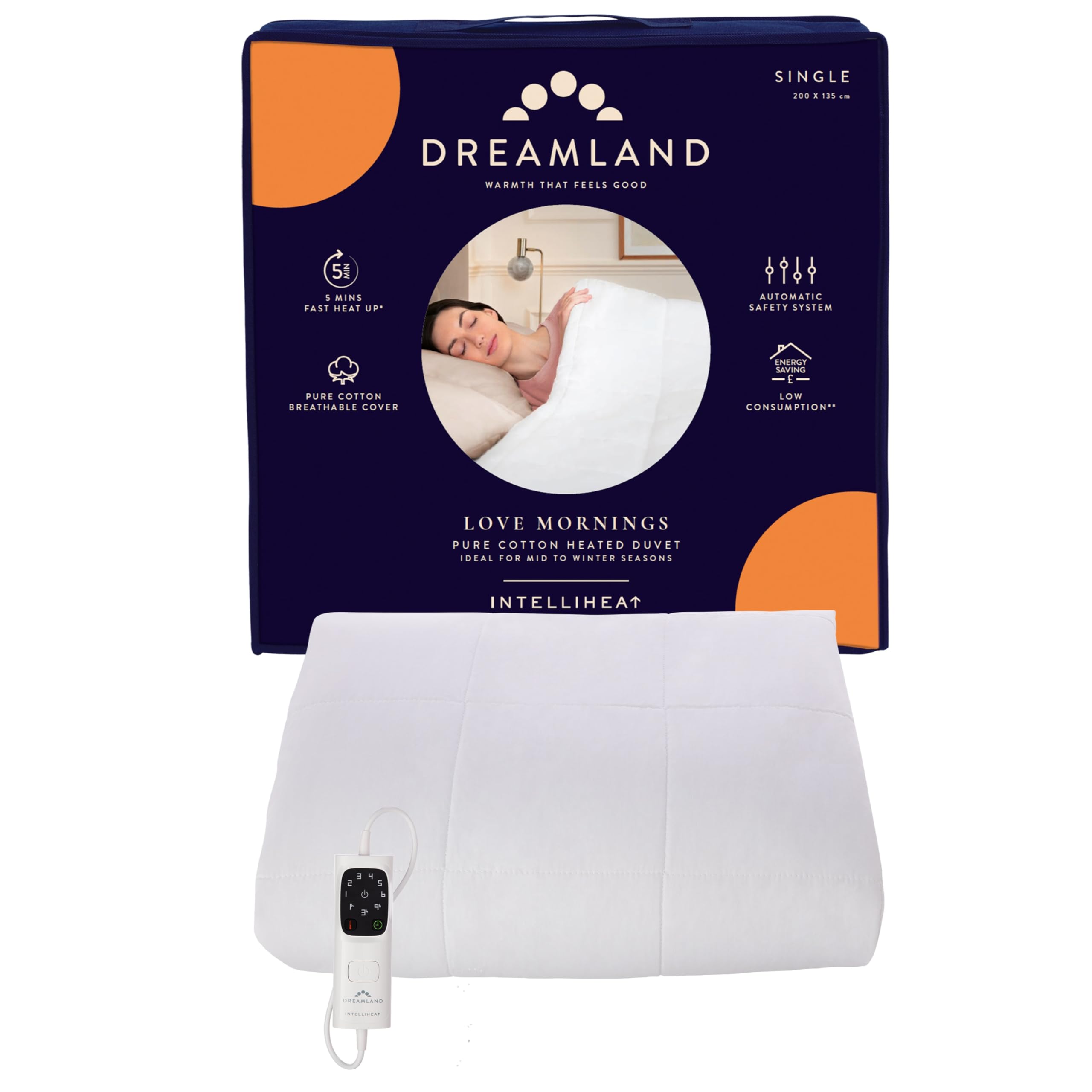 Dreamland Love Mornings Heated Duvet – Pure Cotton Cover, Single Size 200×135cm, 6 Heat Settings, Rapid Heat-Up, 1 Detachable Control & Auto Safety Shut-Off, All-Season Use Electric Blanket