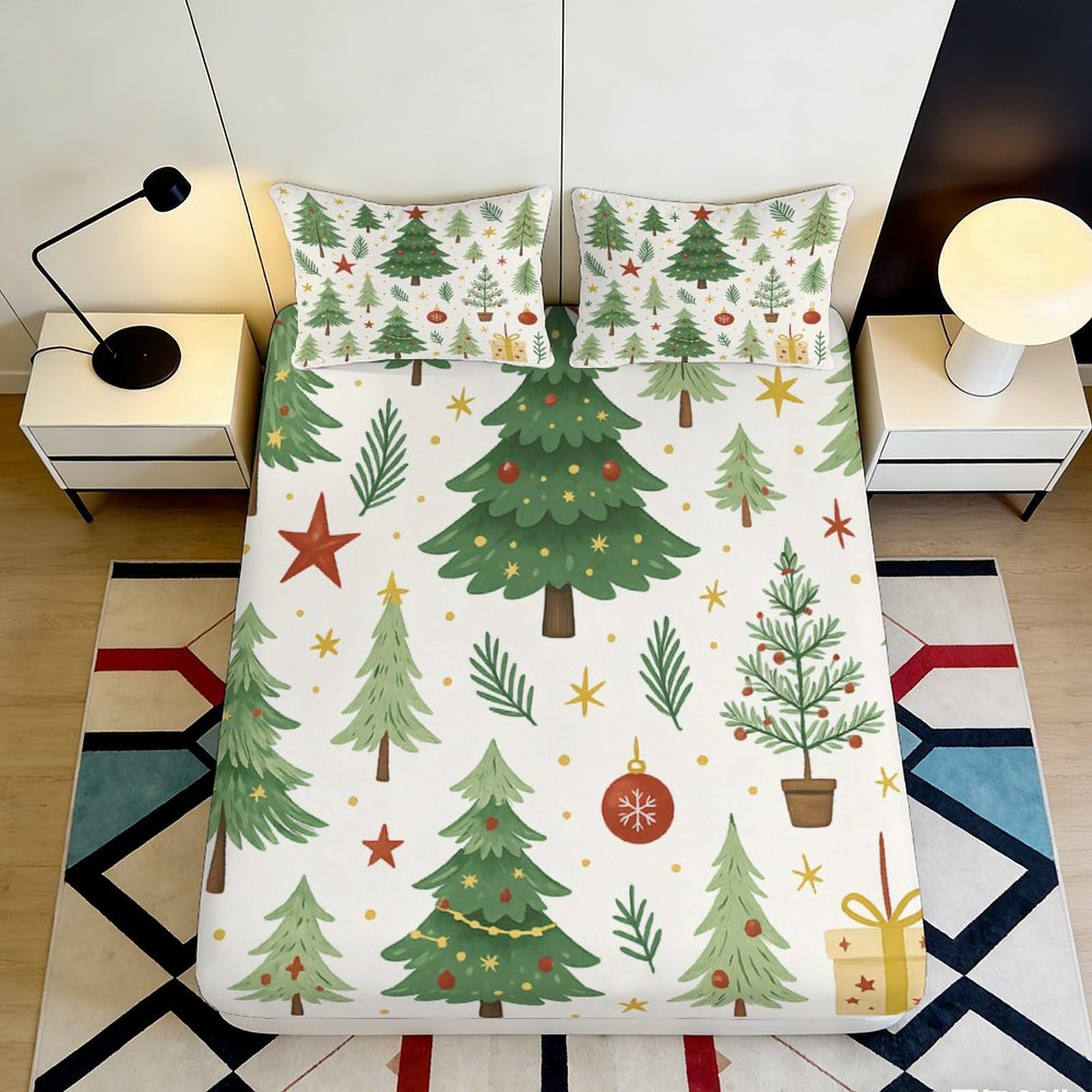 3D Printed Christmas Tree Fitted Sheet Microfiber Festive Ornament Bed Cover for Bedroom Guest Room Mattress Protection Decor 90x200x25cm