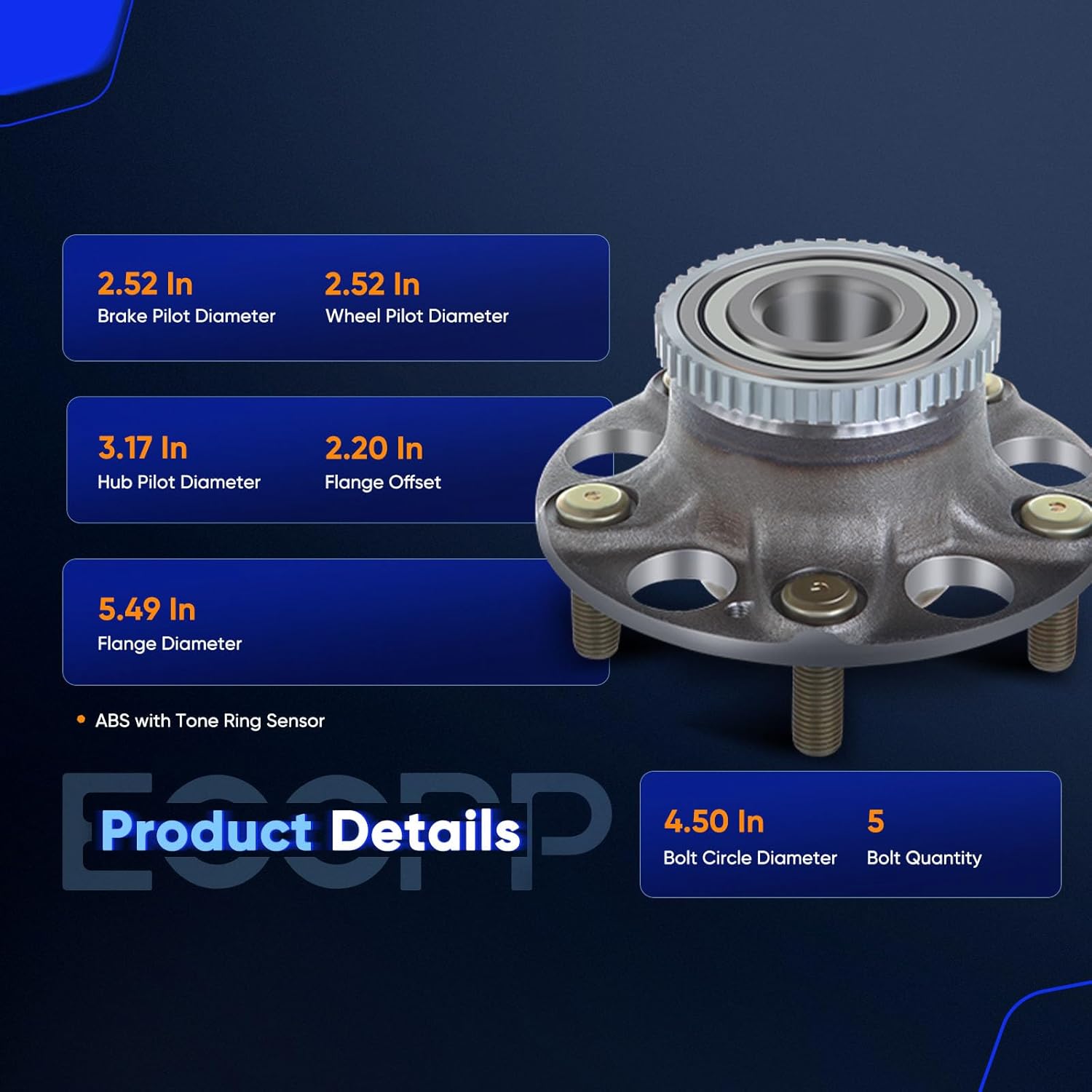 ECCPP Wheel Hub and Bearing Assembly Rear 512188 Replacement for 2003 2004 2005 2006 2007 2008 Acura TL Honda Accord 5 Lugs Wheel Bearing Hubs with ABS 1 pcs - Image 4