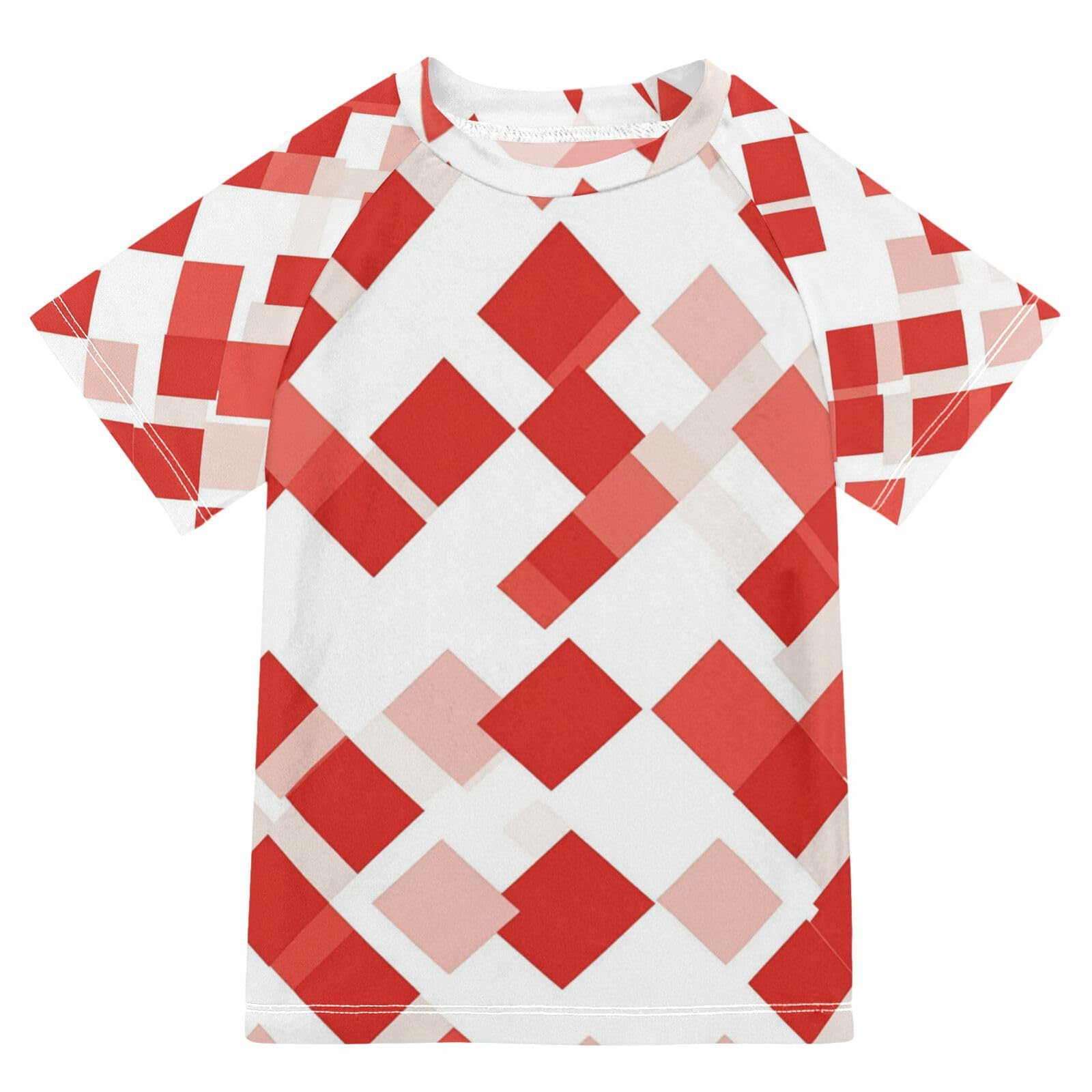 KLL Rash Guard Bathing Suit Girls Short Sleeve Rash Guard Boys 9T White Red Rhomboid