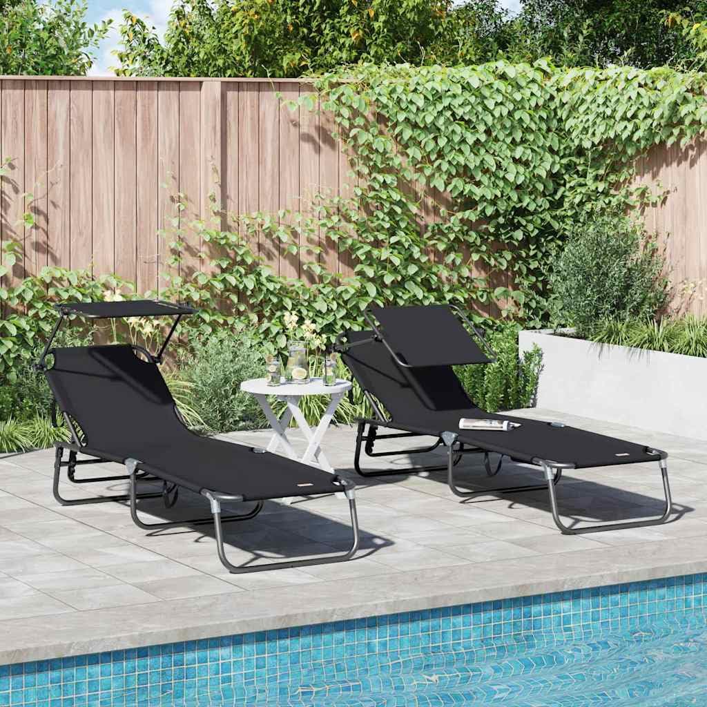 Chaise longue pliante noire en tissu Oxford 190x57 cm pour terrasse | Lot de 2