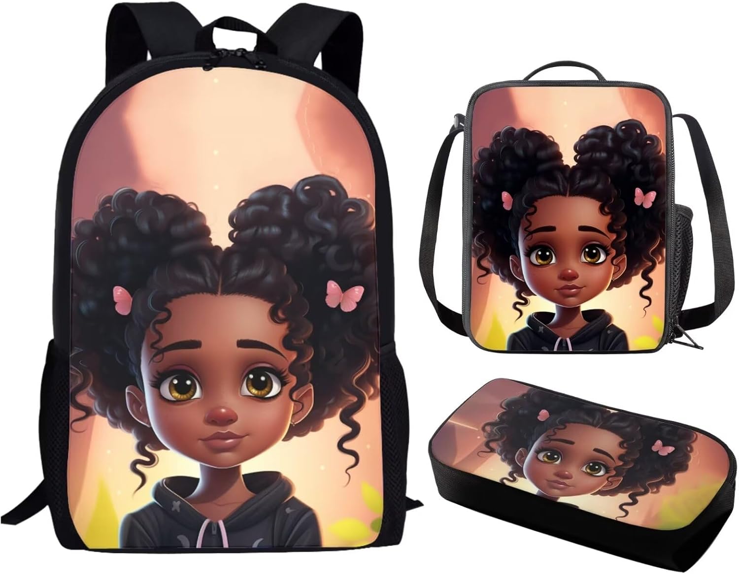 Black African Girl Backpack with Lunch Box,Afro American Kids Bookbag Lunch Bag Pencil Case 6-8/10-12,Elementary School Bag Lunchbbag 2Nd/ 3Rd