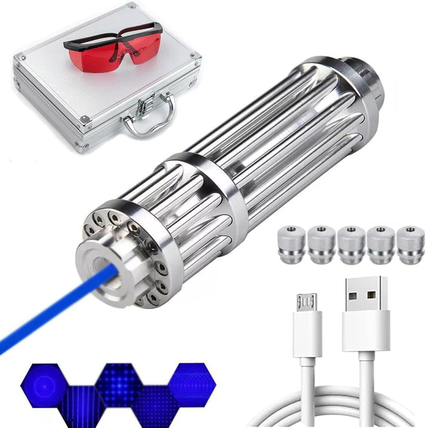 Linterna recargable, 5 tapas, gafas, USB – Senderismo, Camping, Observación de estrellas