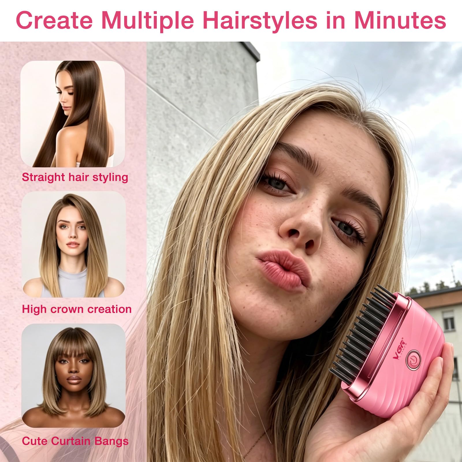 VGR 587 Spazzola Lisciante Senza Fili, Mini Spazzola Per Stiratura Capelli Con 2 Temperature Fino A 180°C, Ricarica USB, Denti Anti Scottatura, Con Borsa Per Il Trasporto Per Viaggi E Casa, Rosa