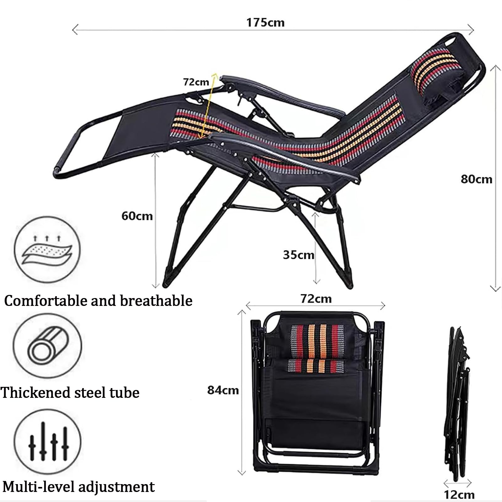 Sedia a sdraio pieghevole con cuscino per la schiena, ergonomica, schienale regolabile, per esterni, fino a 150 kg, sedia da giardino per giardino, piscina, balcone e terrazza (grigio-1 pezzo)