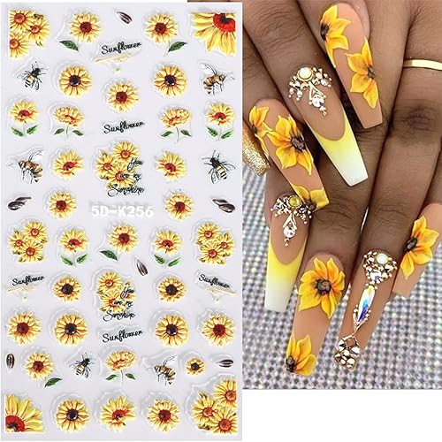 Miniatura 6 de Calcomanías de arte de uñas en relieve 5D, girasoles, calcomanías autoadhesivas con diseño de flores, decoración de uñas acrílicas para mujeresniñas