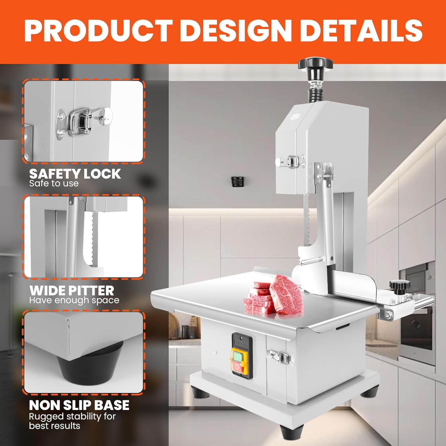 1500W Commercial Electric Meat Bandsaw, Stainless Steel Tabletop Bone Saw Machine with 8 Saw Blades, 0.04-4.5 Cutting Thickness, 20x15 inch Workbeach for Frozen Meat Chicken Fish Beef