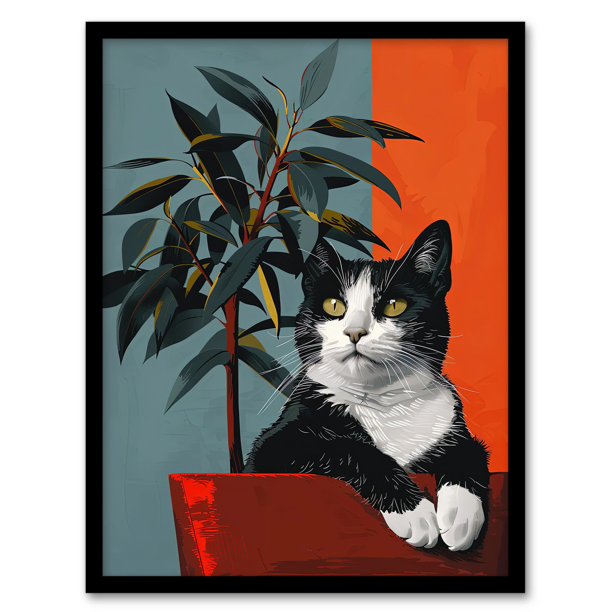 Artery8 Tuxedo Cat Portrait Sitting in Plant Pot For Living Room Artwork Framed Wall Art Print A4