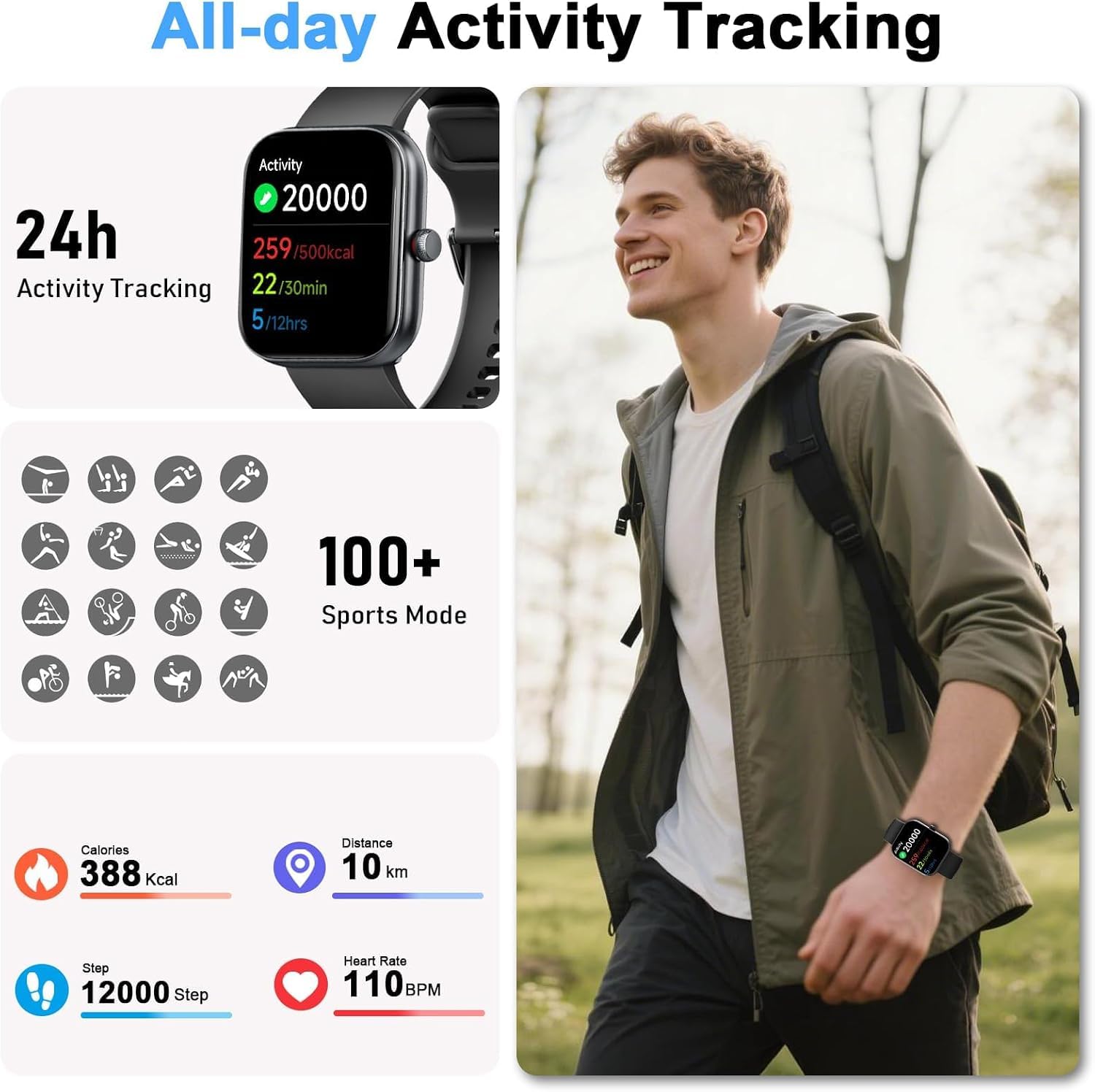 uaue Reloj Inteligente Hombre con Alexa,1.91" HD Smartwatch Hombre, 110+ Modos Deportivos, Monitor de Sueño/Podómetro/Pulsómetro, IP68 Impermeable Pulsera Actividad para Android iOS