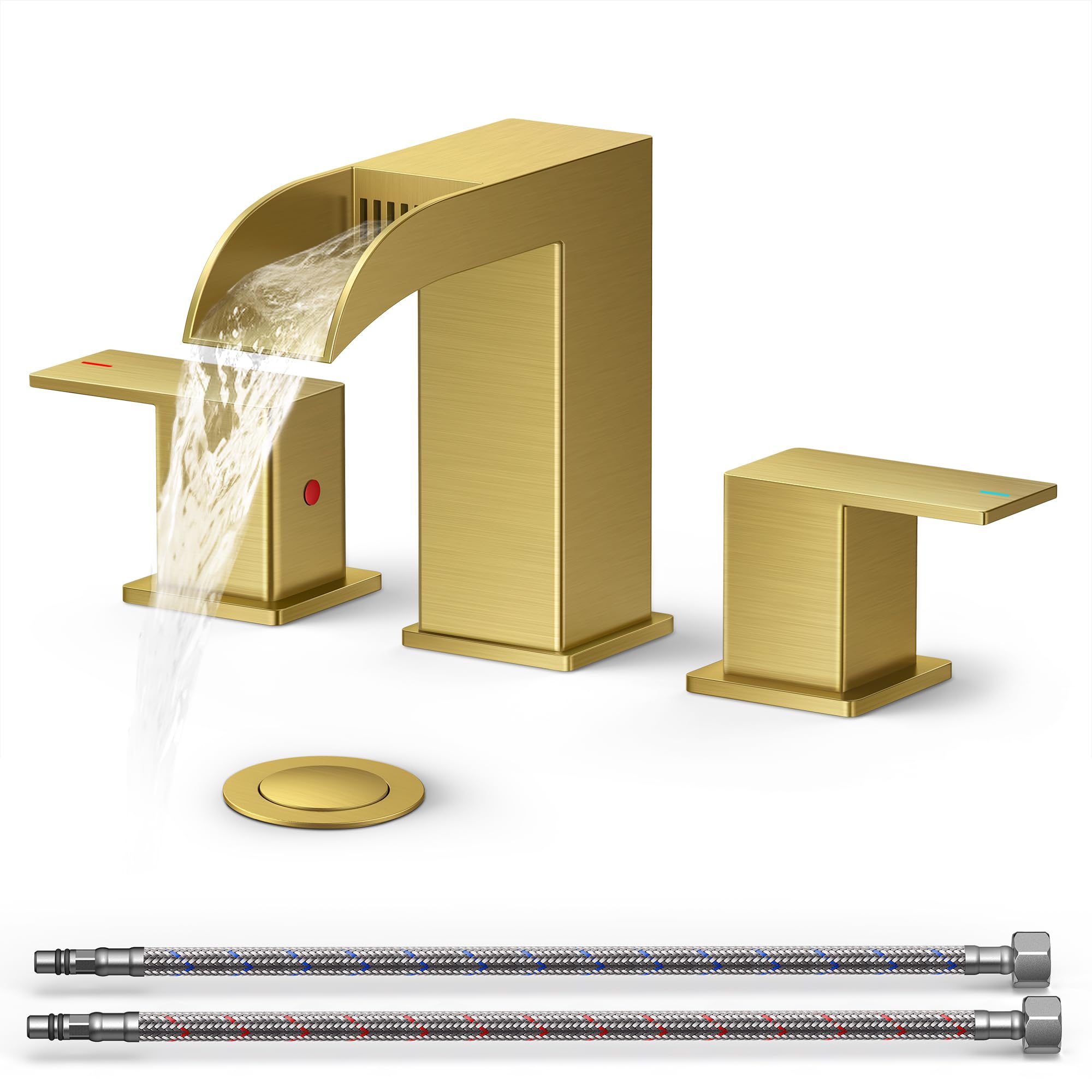 Photo 1 of QFN Brushed Gold Bathroom Faucet 3 Hole, 8 Inch Widespread Square Bathroom Sink Faucet with Metal Pop-up Drain and 24" CUPC Supply Line, Lead-Free 2 Handles for Vanity, Restroom, Lavatory and Mall