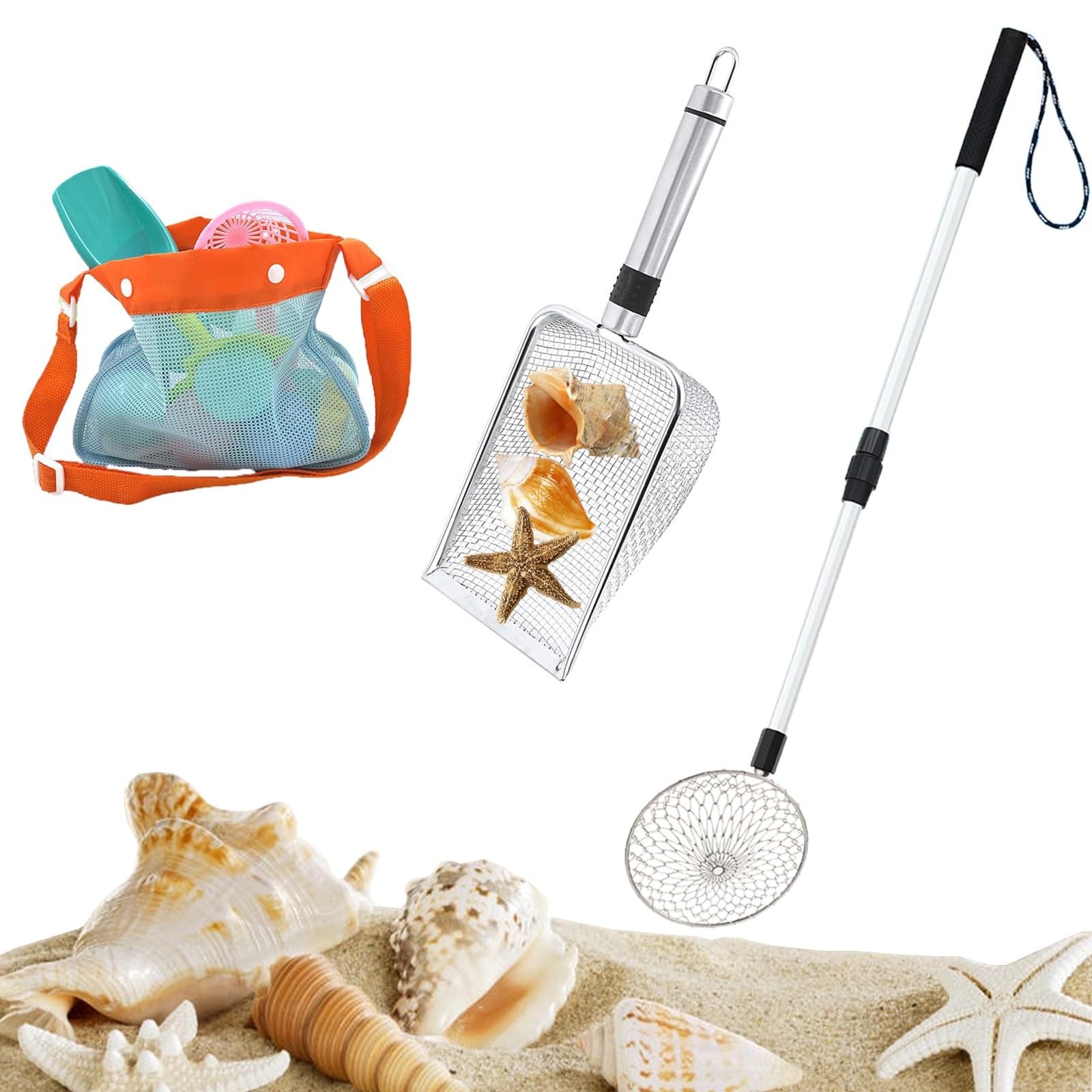 3Pcs Shelling Tools for Beach Include Beach Mesh Shovel, Sand Sifter with Extra Long Adjustable Handle and Mesh Beach Bag, Collecting Shells Beach Toys or Kids Girls Boys(3Pcs)