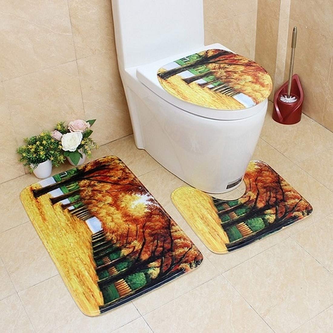 3Pcs/Set Non-Slip Bathroom Mat Flannel Anti-Slip Kitchen Bath Carpet Toliet Rug Washable with Water Absorbent Soft Foot Beautiful Pattern, Valentine Tree of Love (Time of The Beginning of The Maple)