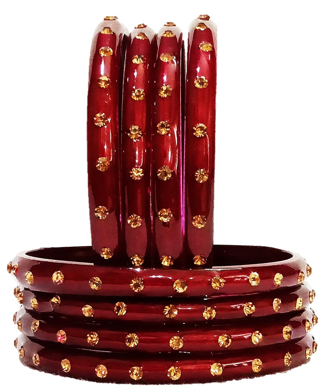 (2.10 & 2.12 Size) Golden Stones Studded Blue/Green/Maroon/Red/Yellow/Magenta Colours Plane Bangle Set for Women & Girls - (Set of 8)-image-36