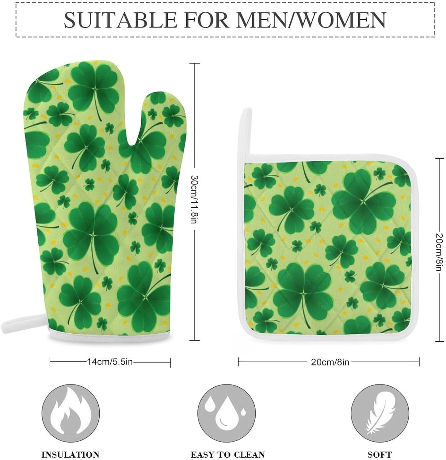 St. Patrick's Day Shamrocks Clovers Print Oven Mitts and Pot Holders 3 Piece Sets Heat Resistant Gloves Hot Pads Potholders for Kitchen Baking Cooking