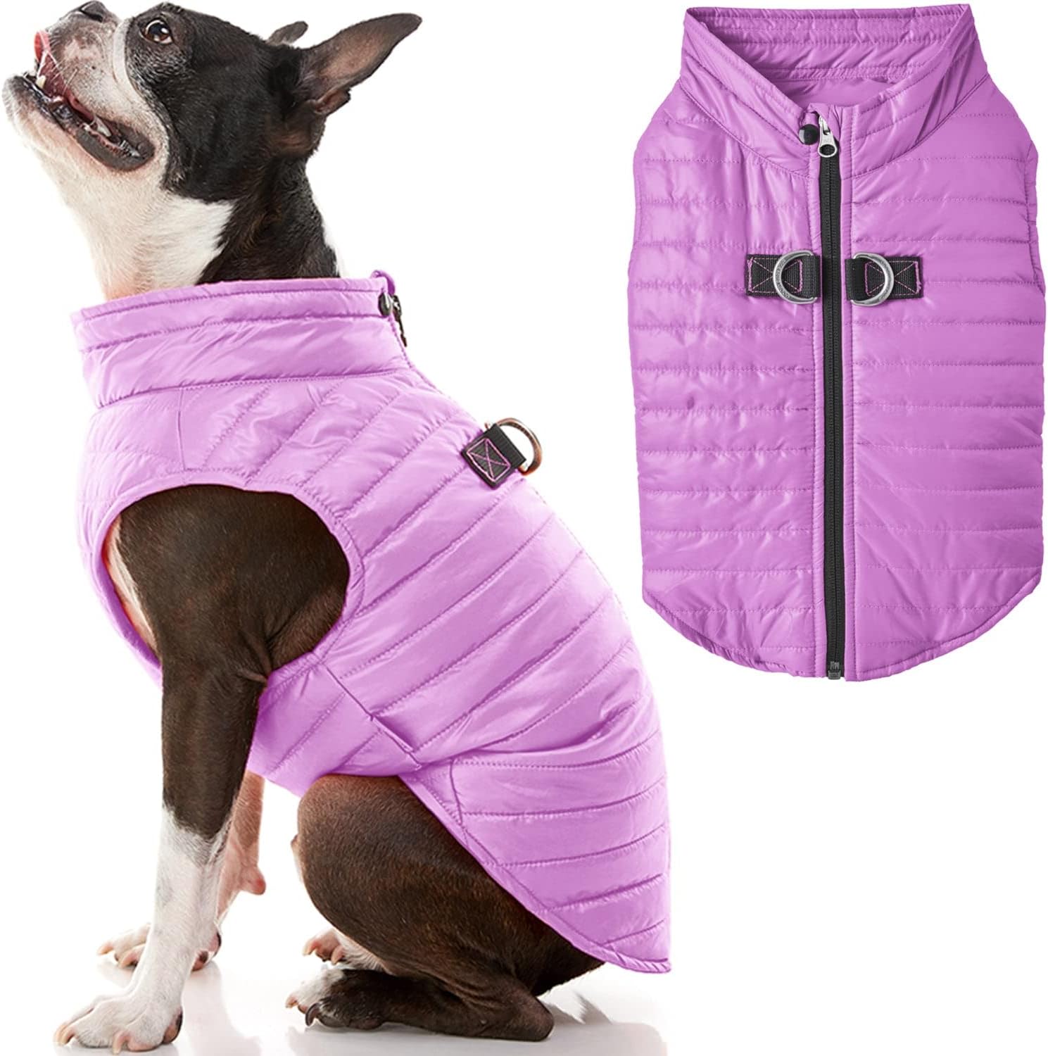 Gooby Puffer Vest Dog Jacket – Purple, Small – Ultra Thin Wind Breaker with Dual D Ring Leash – Water Resistant Small Dog Sweater Coat