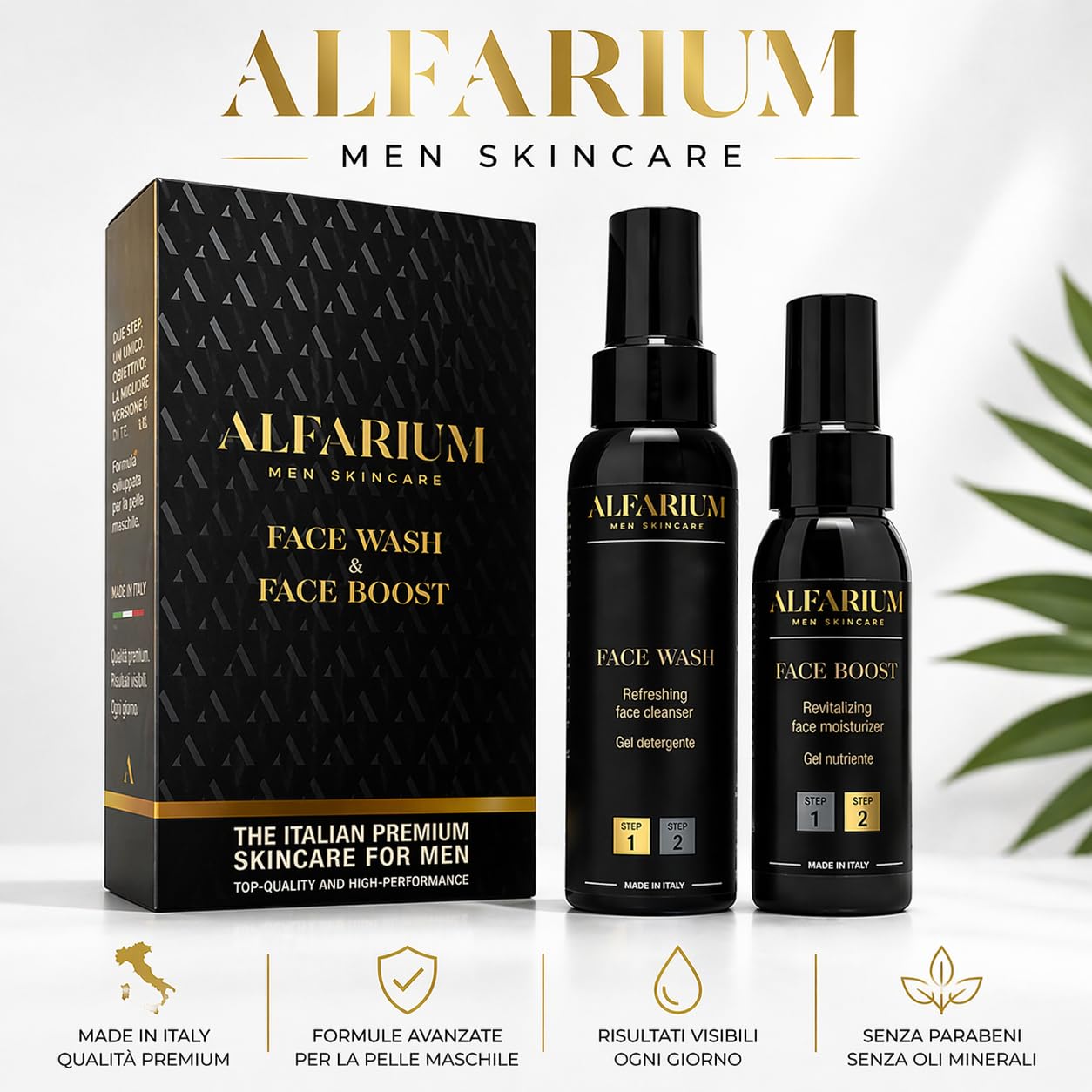 Alfarium Kit Skincare Uomo | Detergente Viso + Crema Idratante Uomo per Pelle Grassa e Mista | Con Acido Ialuronico e Vitamine A B5 C E | Routine Completa Made in Italy