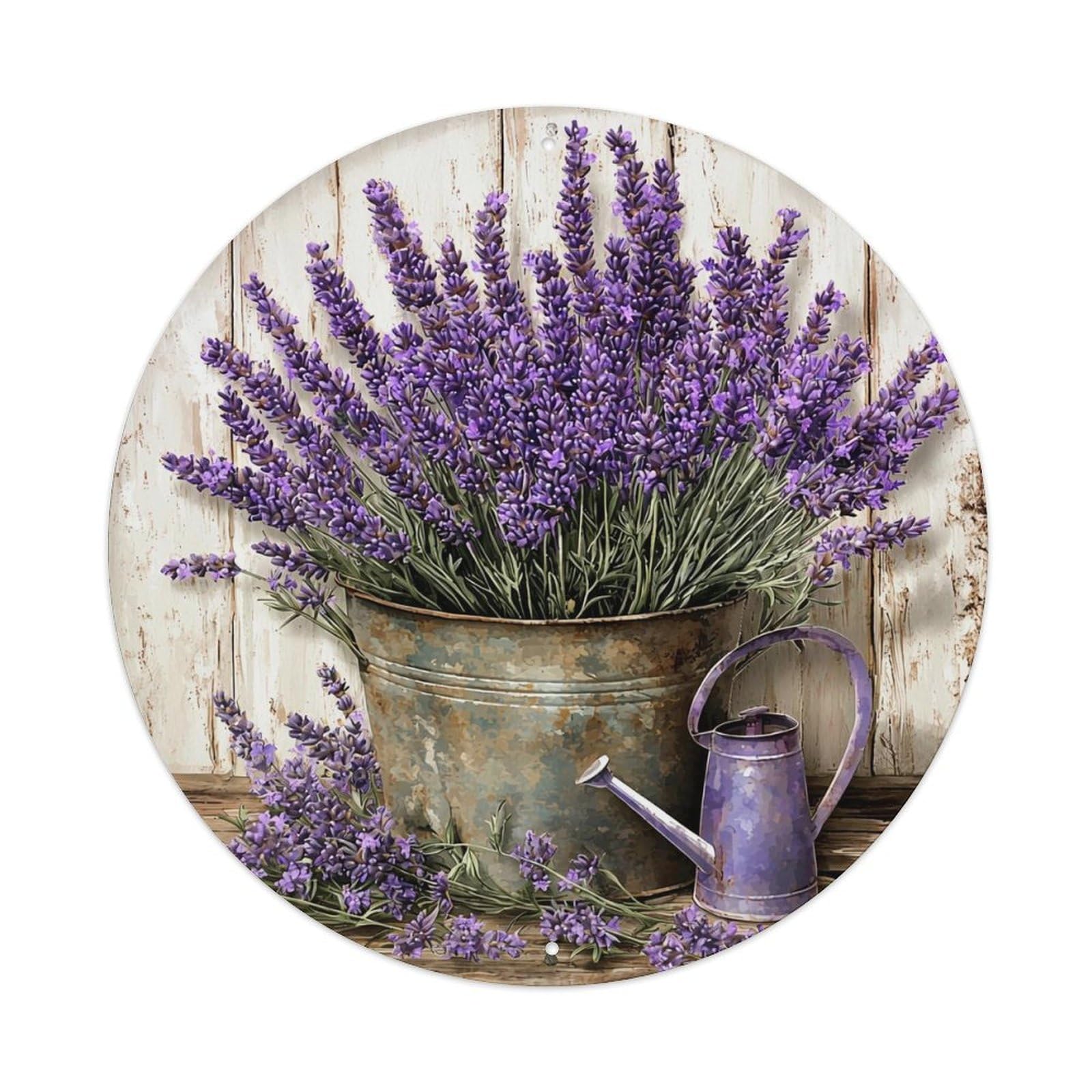 Lavender Bucket Watering Can Rustic Background Round Metal Tin Sign Vintage Wall Decor, Bar Garage Cafe Kitchen Home Wall Art Poster 8x8inches