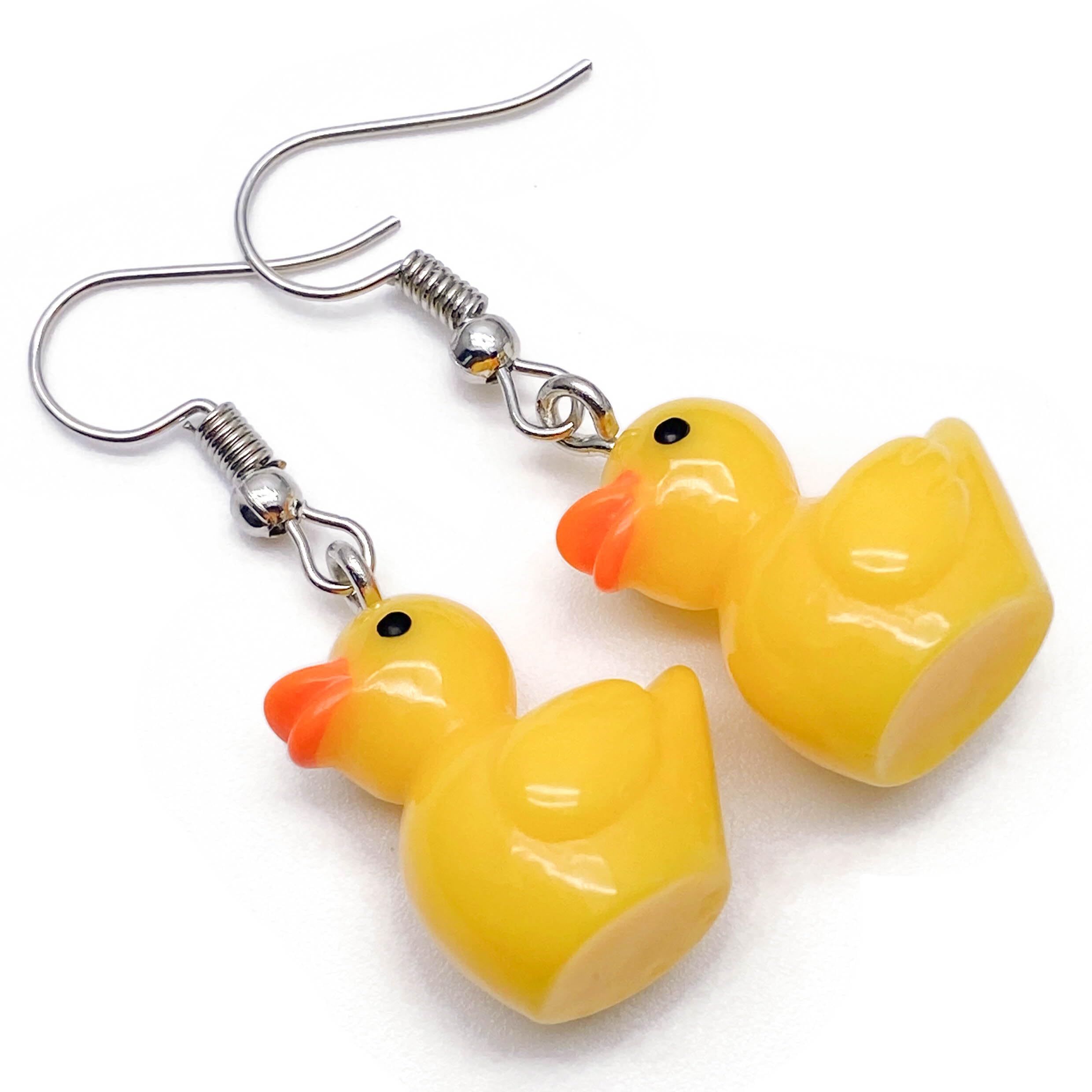Duck Charm Earrings - Super Cute Yellow Plastic Bath Duck Charm Beads on Silver Tone Nickel Free Hooks : 42mm long, Funny Rubber Duck Jewellery, Gift for Women