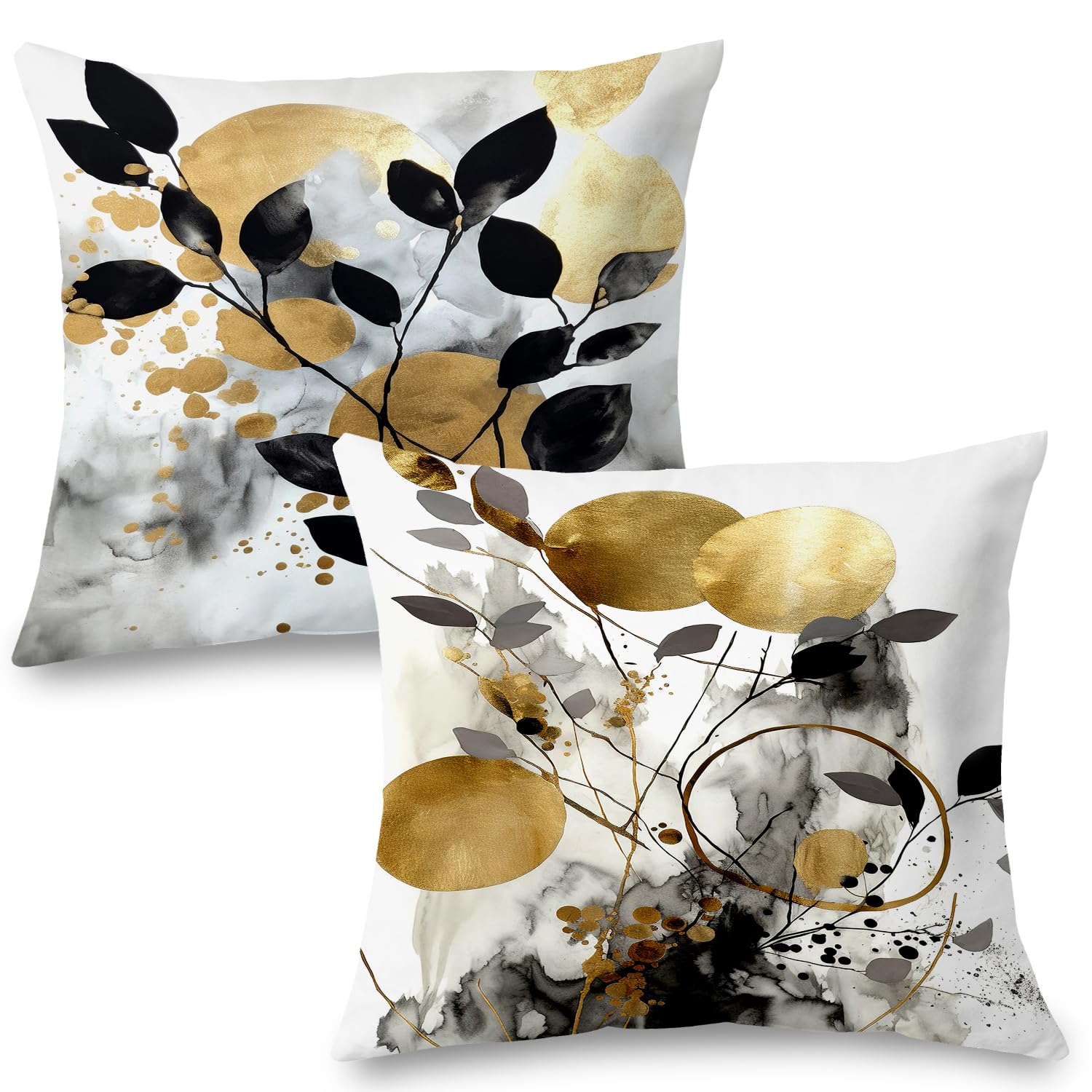 Supwhd Black and Gold Botanical Pillow Covers 22x22 Set of 2, Abstract Modern Decorative Throw Pillow Covers for Living Room Bedroom, Modern Home