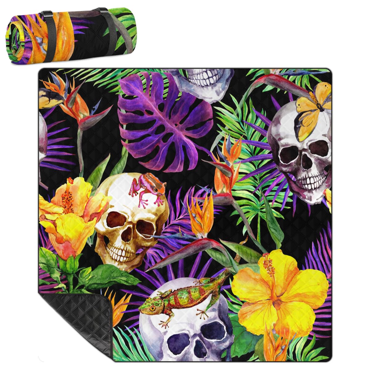 Coperta da picnic con teschio tropicale, impermeabile, a prova di sabbia, pieghevole, da spiaggia, 200,7 x 200,7 cm, extra large, portatile, lavabile, per campeggio, parco, erba, escursionismo, viaggi