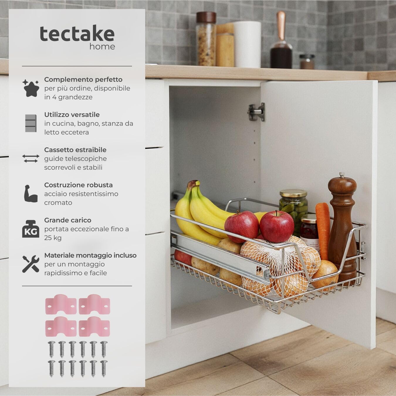 tectake® Cassetto Telescopico - 1 x 60 cm - Cassetto Estraibile per Cucina, Ripiano Scorrevole, Binario Telescopico, Organizer Cromato per Mobile da Cucina, Cassettiera Salvaspazio