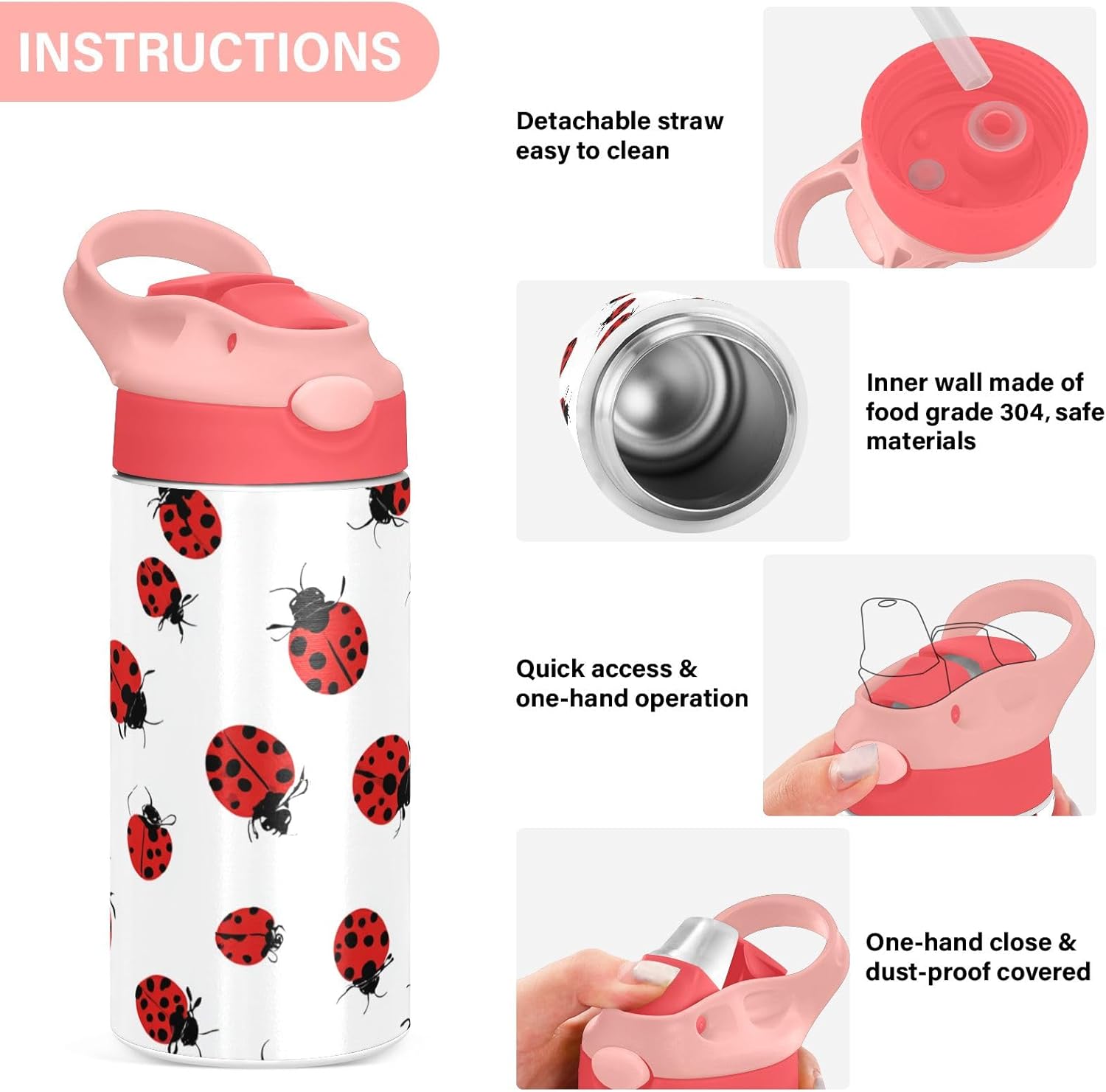Kigai Ladybug Kids Water Bottle,Insulated Stainless Steel Reusable Metal Thermos Bottles, Leak-Proof Straw Lid, BPA-Free, For Boys,Girls - Image 4