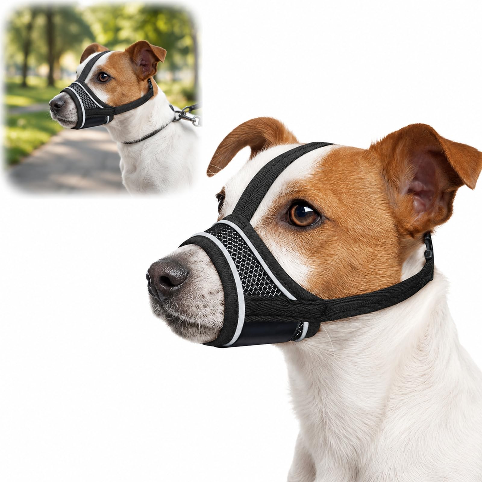 Breathable Mesh Dog Muzzle for Small to Medium Dogs - Reflective Strips, Adjustable Headband, Secure Strap, Allows Panting & Drinking, for Training, Biting & Chewing Control,Size M