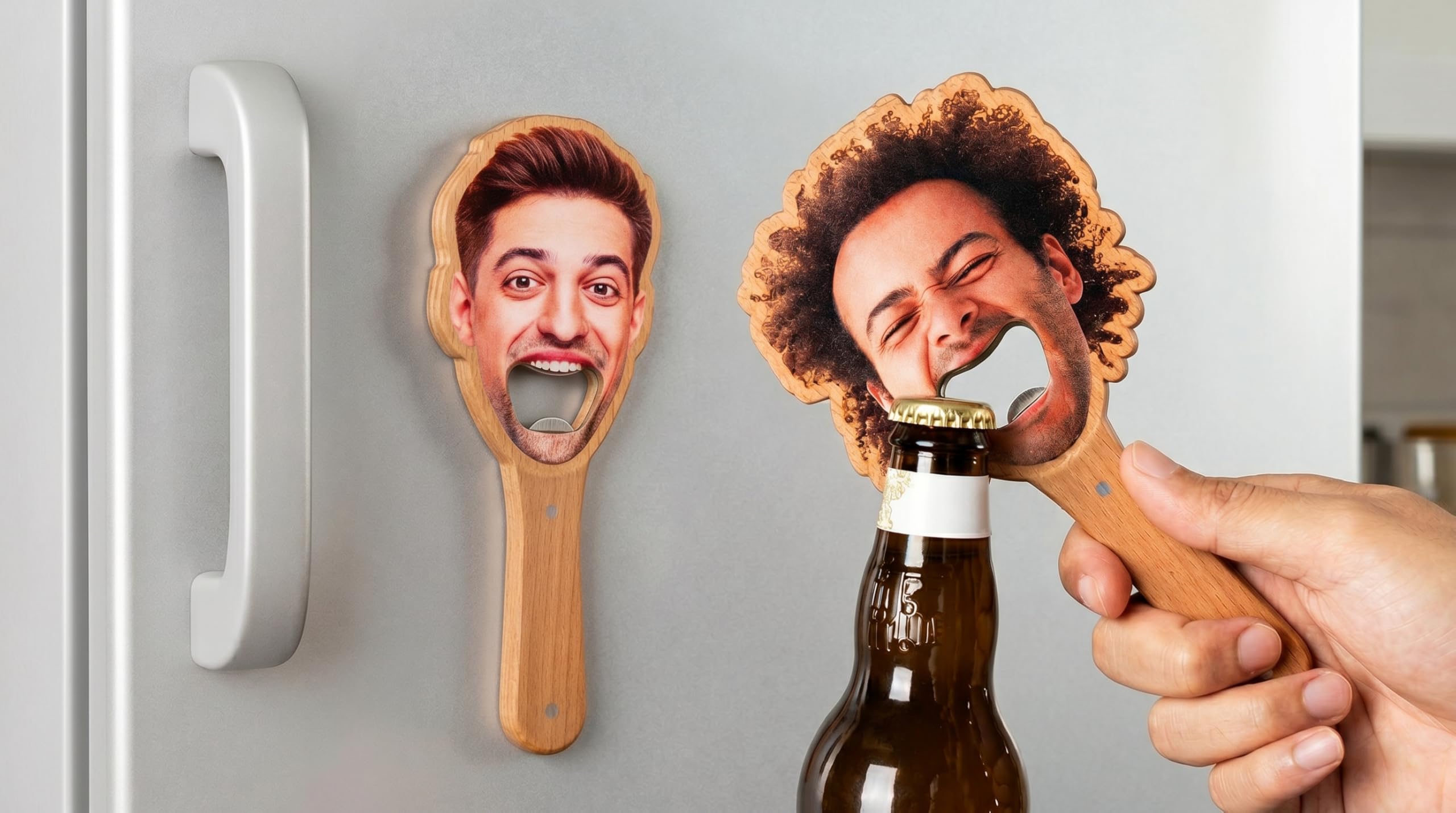Custom Funny Avatar Photo Wooden Fridge Magnet Bottle Opener, Gift for Him, 4th of July, Party, Wedding, World Cup, Fathers Day Fridge Magnet Bottle Opener Crayon 1