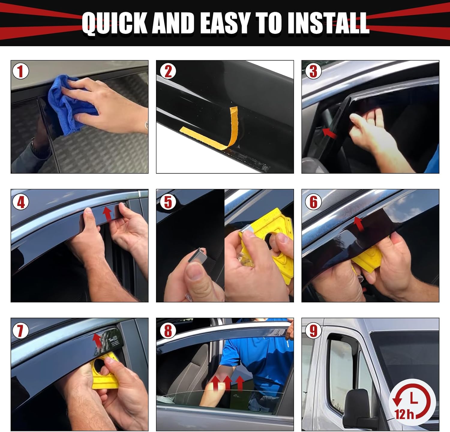 Compatible with Chevrolet Express GMC Savana Van 1996-2025 Side Window Rain Wind Deflector Guard - Front Windows, Tool-Free Install - 2 pcs. - Smoke