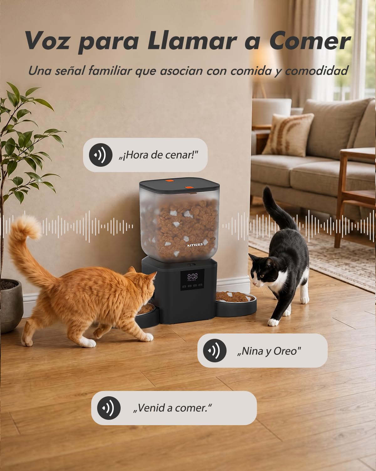 Comedero Gato Automatico 2 Tazones para Gatos y Perros | 8L, 2 Cuencos de Acero Inoxidable, para Pienso Seco 2-18mm, Hasta 50 Porciones y 6 Comidas al Día, Grabación 10s, Fresco
