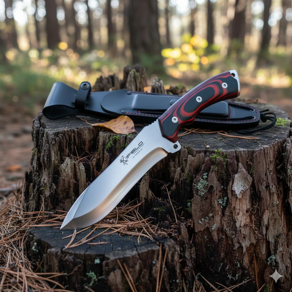 iFIELD Wielofunkcyjny nóż do wędrówek, polowań i survivalu, 150 sztuk, z czerwonym uchwytem Micarta i ostrzem ze stali 440C, twardość 58-60HRC