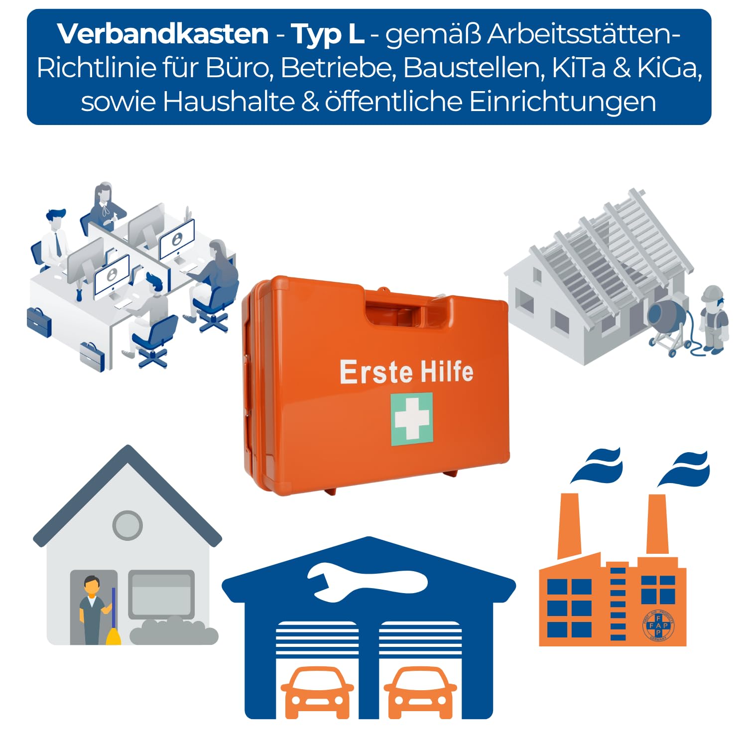 First Aid Products | Erste Hilfe Koffer LARGE Orange | Inkl. DIN 13169:2021 Füllung 167-teilig | ABS-Kunststoff, Schlagfest & Spritzwassergeschützt | Wandhalterung | für große Betriebe