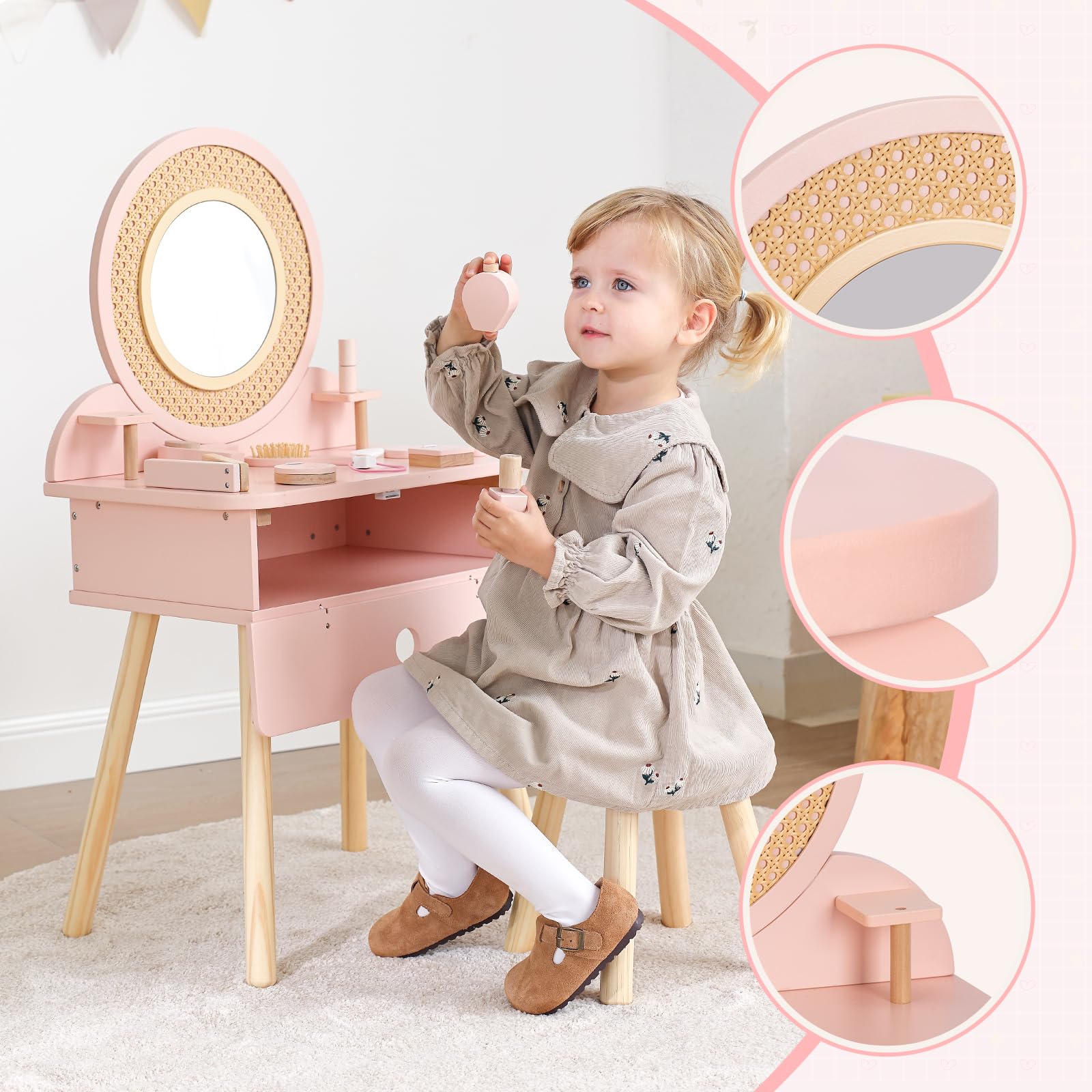 OOOK Schminktisch Kinder, Kinderschminktisch mit Hocker und Spiegel, Mädchen Frisiertisch aus Holz, Kinder Schminktisch für Mädchen ab 3 Jahre, Rosa