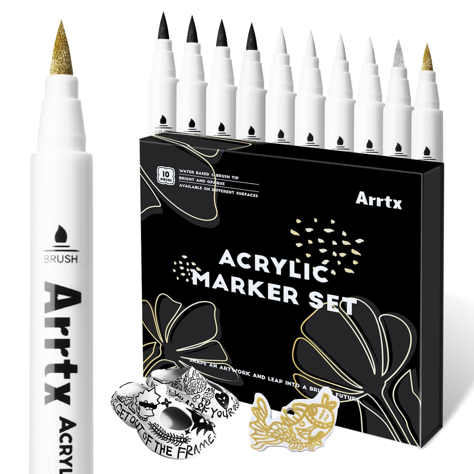 Acrylic Paint Pens, 10 Pack Extra Brush Tip White Paint Markers Metallic for Rock Fabric Wood Glass Canvas Ceramic, 4 White 4 Black 1 Gold & 1 Silver, Water Based Ink, DIY Crafts