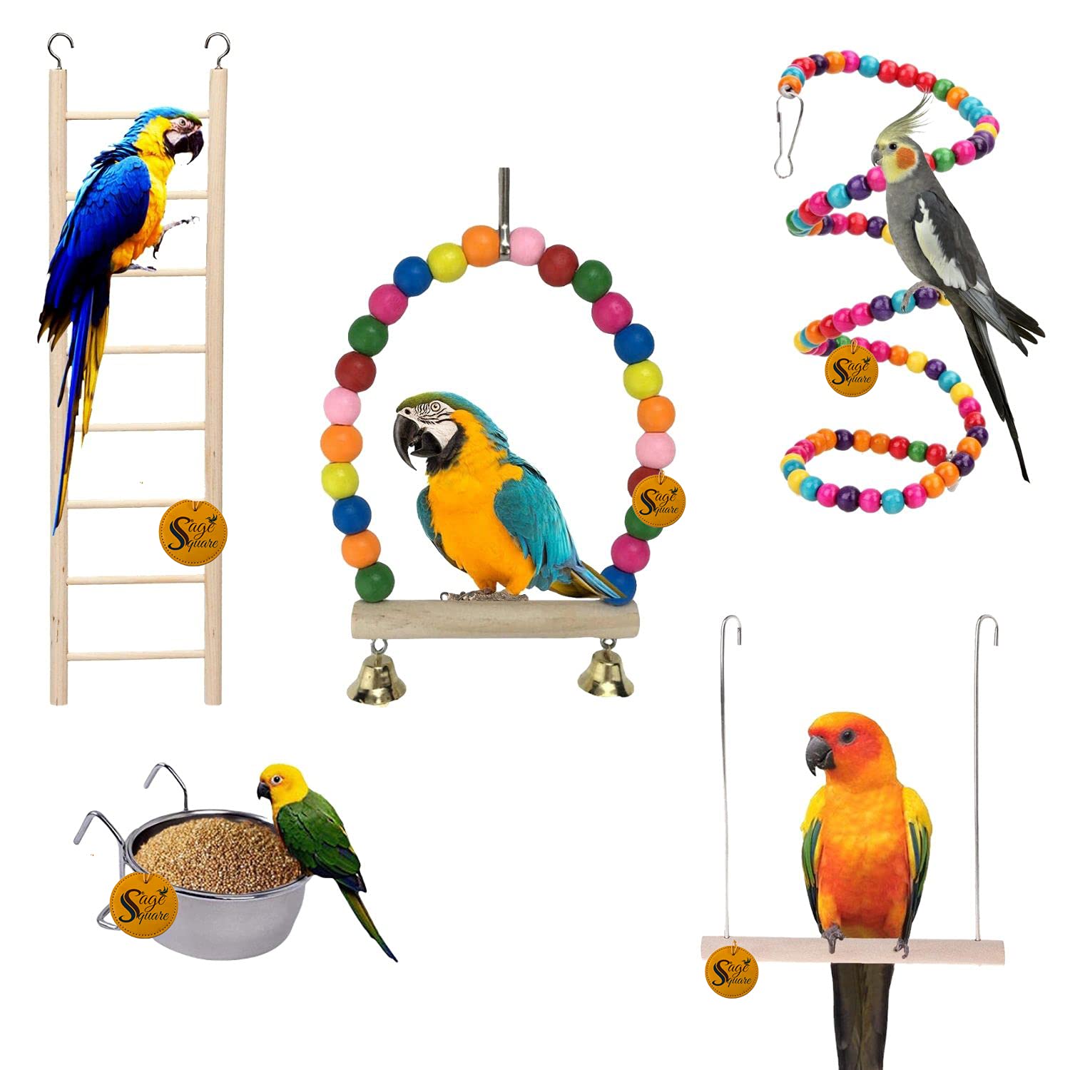 Sage Square Wooden Bird Toys Combo | Bowl, Ladder, Swing, Hanging Cage Accessory | for Budgie, Parrot, Cockatiel, Parakeet, Conure, Macaw etc (B092PWNZG9) Amazon Price History, Amazon Price Tracker