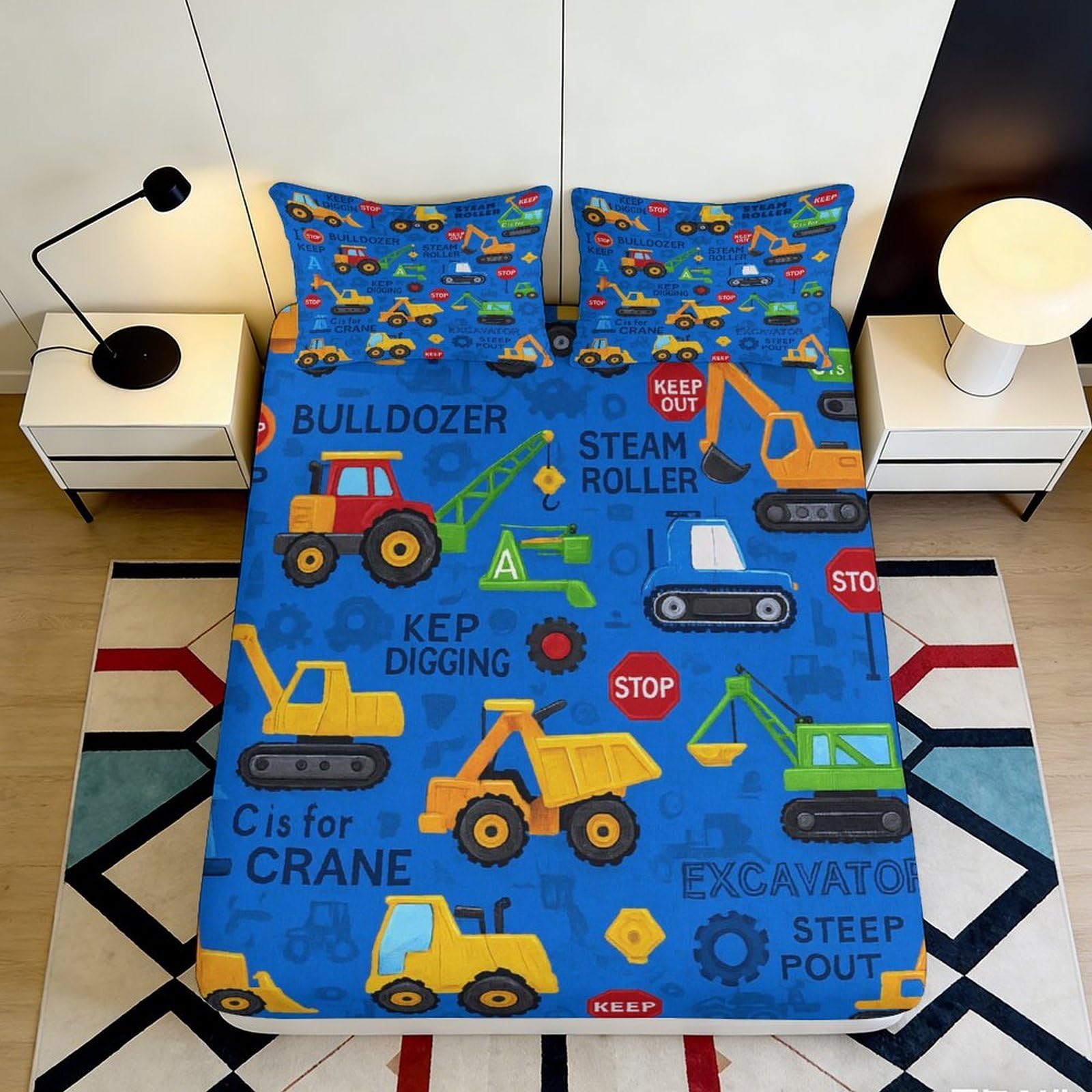 3D Printed Construction Vehicles Fitted Sheet Microfiber Soft Blue Excavator Bed Cover for Bedroom Dorm Decor 90x200x25cm