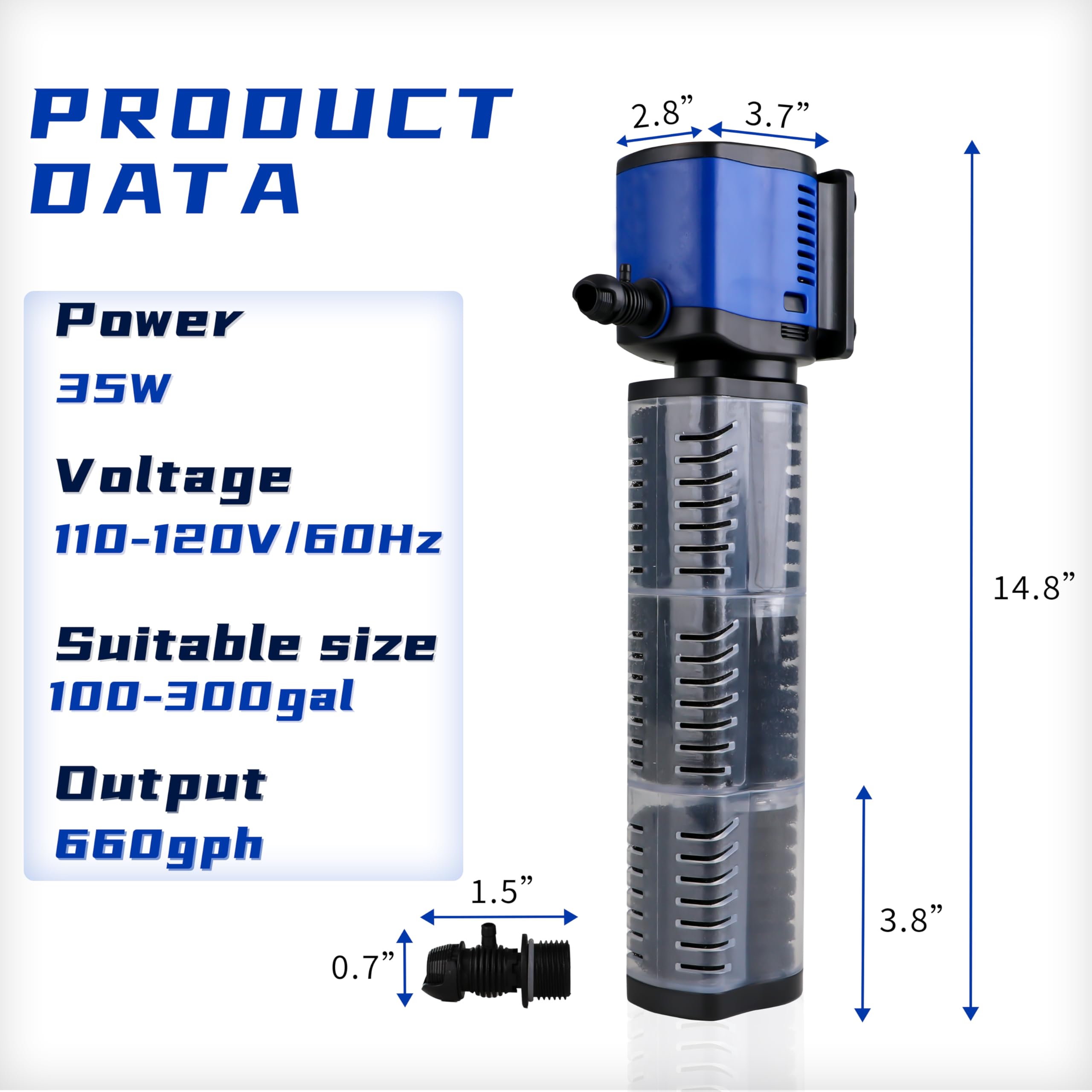 Aquarium Filter for 100-300 Gallons Tank, Powerful 660GPH Internal Fish Tank Filter, Pump Submersible Filter with Sponge for Large Fish Tanks, Turtle Tanks - image 7