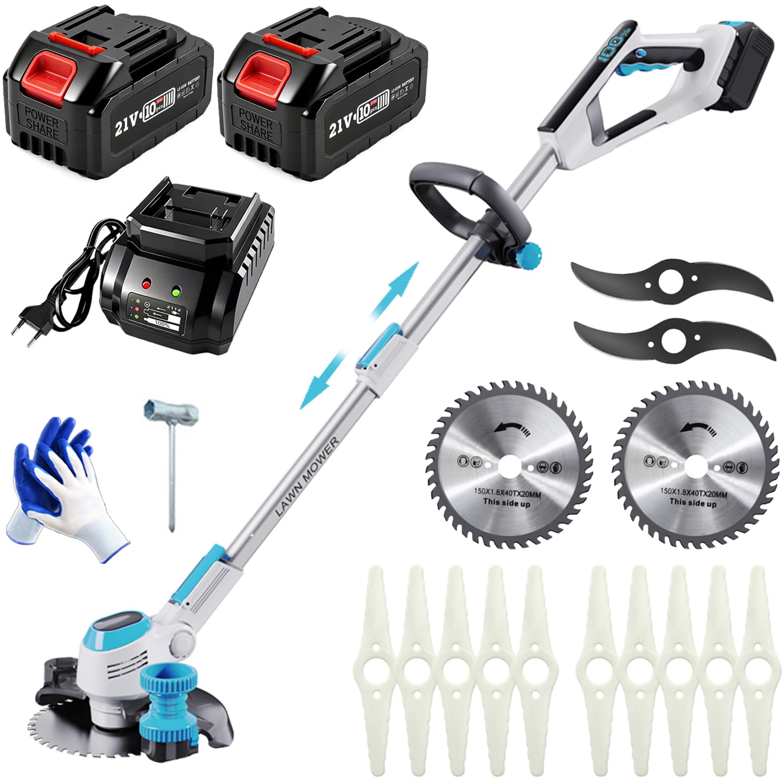 Akku Rasentrimmer für Makita-Akkus, 2 in 1 Rasentrimmer mit 2 x 3.0Ah Akku | 21V Akku Freischneider/Rasenkantenschneider mit 3 Klingenmodellen für Rasen, Garten, Einfassung der Einfahrt und Buschtrimmen