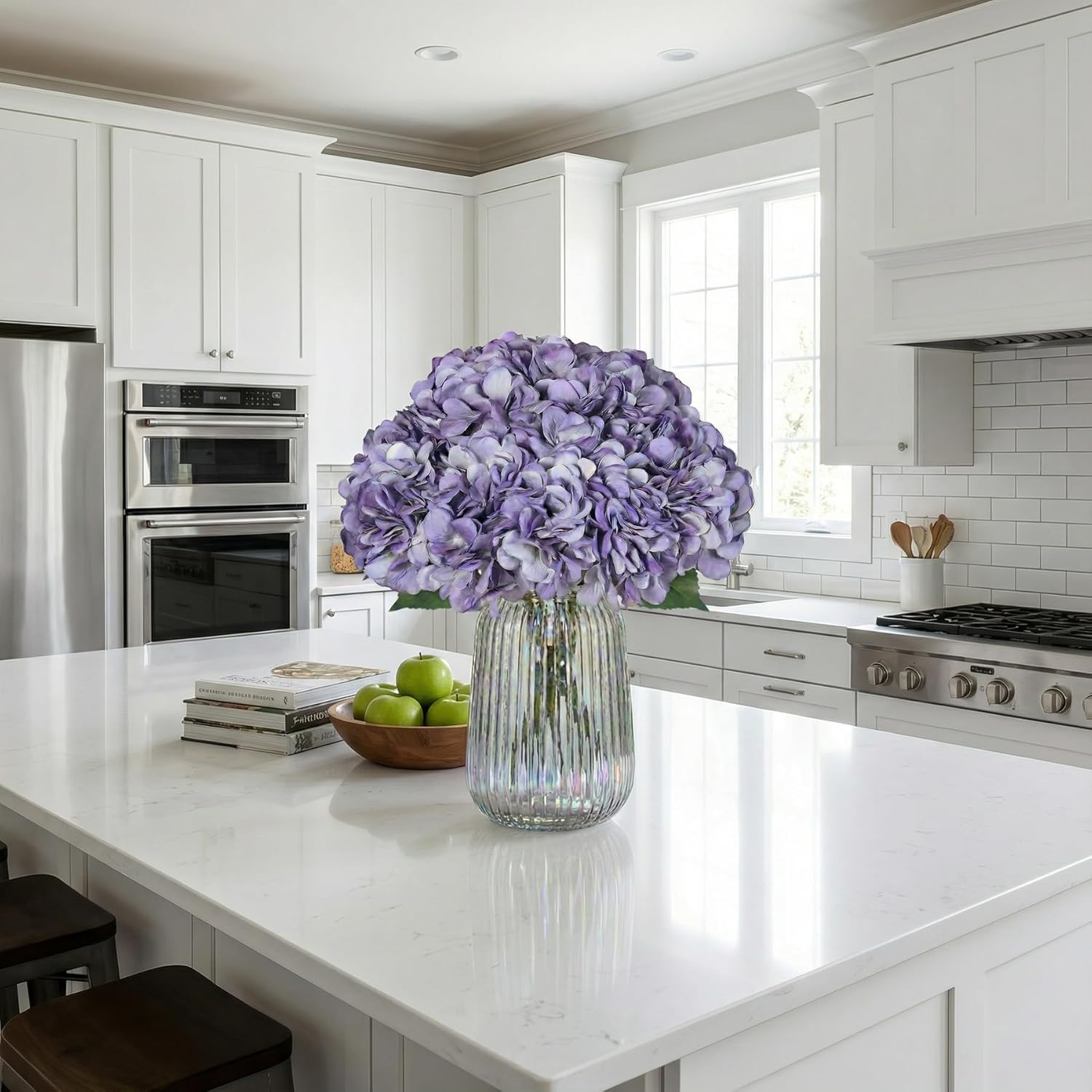 2Bouquets Artificial Fake Flowers Silk Hydrangea Arrangements Wedding Bouquets Decorations Plastic Floral Home Kitchen Garden Party Festival Bar DIY (Purple) - Image 6