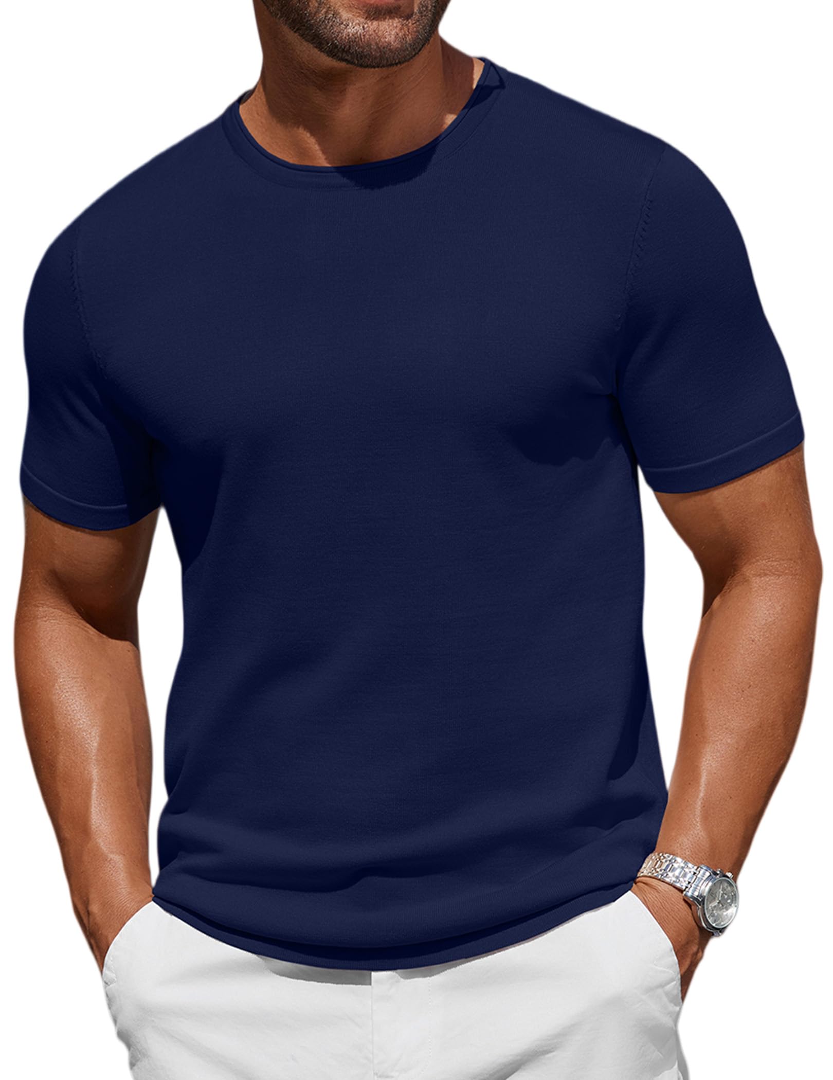 COOFANDY Camiseta Punto Hombre Manga Corta Verano Cuello Redondo